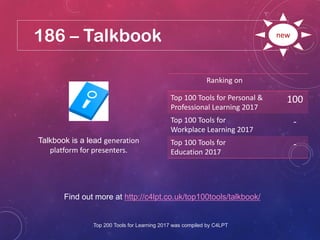 186 – Talkbook
Find out more at http://c4lpt.co.uk/top100tools/talkbook/
Ranking on
Top 100 Tools for Personal &
Professional Learning 2017
100
Top 100 Tools for
Workplace Learning 2017
-
Top 100 Tools for
Education 2017
-
new
Talkbook is a lead generation
platform for presenters.
Top 200 Tools for Learning 2017 was compiled by C4LPT
 
