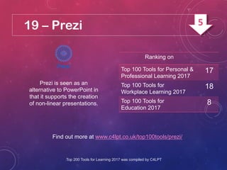 19 – Prezi
Prezi is seen as an
alternative to PowerPoint in
that it supports the creation
of non-linear presentations.
Find out more at www.c4lpt.co.uk/top100tools/prezi/
Ranking on
Top 100 Tools for Personal &
Professional Learning 2017
17
Top 100 Tools for
Workplace Learning 2017
18
Top 100 Tools for
Education 2017
8
Top 200 Tools for Learning 2017 was compiled by C4LPT
5
 