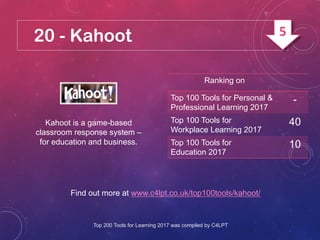 20 - Kahoot
Kahoot is a game-based
classroom response system –
for education and business.
Find out more at www.c4lpt.co.uk/top100tools/kahoot/
Ranking on
Top 100 Tools for Personal &
Professional Learning 2017
-
Top 100 Tools for
Workplace Learning 2017
40
Top 100 Tools for
Education 2017
10
Top 200 Tools for Learning 2017 was compiled by C4LPT
5
 