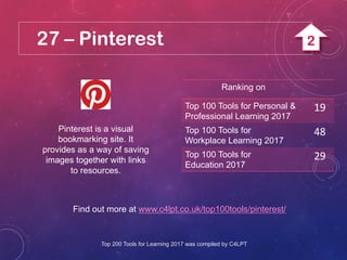 27 – Pinterest
Pinterest is a visual
bookmarking site. It
provides as a way of saving
images together with links
to resources.
Find out more at www.c4lpt.co.uk/top100tools/pinterest/
Ranking on
Top 100 Tools for Personal &
Professional Learning 2017
19
Top 100 Tools for
Workplace Learning 2017
48
Top 100 Tools for
Education 2017
29
Top 200 Tools for Learning 2017 was compiled by C4LPT
2
 