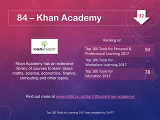 84 – Khan Academy
Khan Academy has an extensive
library of courses to learn about
maths, science, economics, finance,
computing and other topics.
.
Find out more at www.c4lpt.co.uk/top100tools/khan-academy/
Ranking on
Top 100 Tools for Personal &
Professional Learning 2017
50
Top 100 Tools for
Workplace Learning 2017
-
Top 100 Tools for
Education 2017
78
Top 200 Tools for Learning 2017 was compiled by C4LPT
32
 