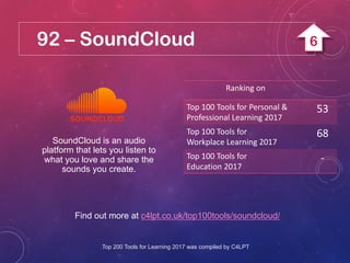 92 – SoundCloud
Find out more at c4lpt.co.uk/top100tools/soundcloud/
SoundCloud is an audio
platform that lets you listen to
what you love and share the
sounds you create.
Ranking on
Top 100 Tools for Personal &
Professional Learning 2017
53
Top 100 Tools for
Workplace Learning 2017
68
Top 100 Tools for
Education 2017
-
Top 200 Tools for Learning 2017 was compiled by C4LPT
6
 