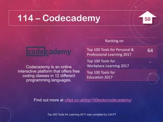114 – Codecademy
Find out more at c4lpt.co.uk/top100tools/codecademy/
Codecademy is an online
interactive platform that of...
