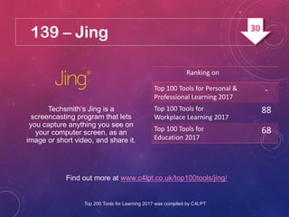 139 – Jing
Find out more at www.c4lpt.co.uk/top100tools/jing/
Techsmith’s Jing is a
screencasting program that lets
you ca...