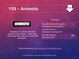 159 – Animoto
Find out more at c4lpt.co.uk/top100tools/animoto/
Animoto is a service that lets
you turn your photos, video...