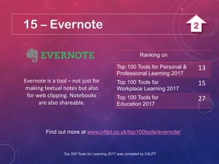 15 – Evernote
Evernote is a tool – not just for
making textual notes but also
for web clipping. Notebooks
are also shareab...