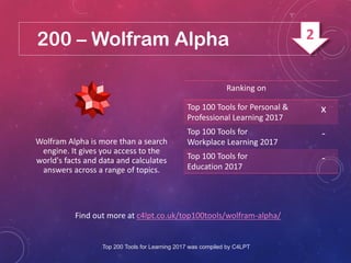 200 – Wolfram Alpha
Find out more at c4lpt.co.uk/top100tools/wolfram-alpha/
Wolfram Alpha is more than a search
engine. It gives you access to the
world's facts and data and calculates
answers across a range of topics.
Ranking on
Top 100 Tools for Personal &
Professional Learning 2017
x
Top 100 Tools for
Workplace Learning 2017
-
Top 100 Tools for
Education 2017
-
Top 200 Tools for Learning 2017 was compiled by C4LPT
2
 