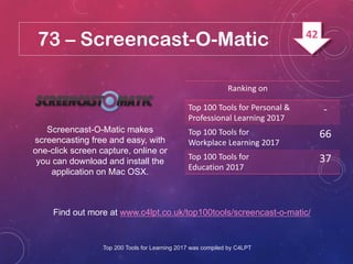 73 – Screencast-O-Matic
Screencast-O-Matic makes
screencasting free and easy, with
one-click screen capture, online or
you...