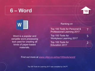 6 – Word
Word is a popular and
versatile word processing
tool used for creating all
kinds of paper-based
materials.
Find o...