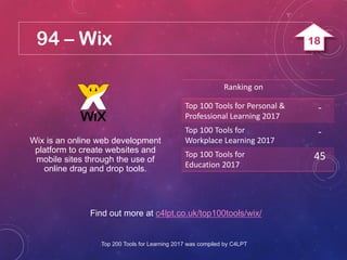 94 – Wix
Find out more at c4lpt.co.uk/top100tools/wix/
Wix is an online web development
platform to create websites and
mobile sites through the use of
online drag and drop tools.
Ranking on
Top 100 Tools for Personal &
Professional Learning 2017
-
Top 100 Tools for
Workplace Learning 2017
-
Top 100 Tools for
Education 2017
45
Top 200 Tools for Learning 2017 was compiled by C4LPT
18
 