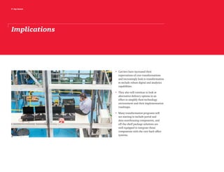 9 top issues
Implications
•	Carriers have increased their
expectations of core transformations
and increasingly look to transformation
to include robust digital and analytics
capabilities.
•	They also will continue to look at
alternative delivery options in an
effort to simplify their technology
environment and their implementation
roadmaps.
•	Many transformation programs will
are starting to include portal and
data warehousing components, and
off-the-shelf package solutions are
well equipped to integrate those
components with the core back office
systems.
 
