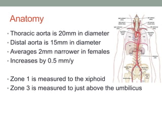 Anatomy
• Thoracic aorta is 20mm in diameter
• Distal aorta is 15mm in diameter
• Averages 2mm narrower in females
• Increases by 0.5 mm/y
• Zone 1 is measured to the xiphoid
• Zone 3 is measured to just above the umbilicus
 