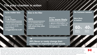 17
The echo chamber in action
Facts matter less Bias is the filter No humans needed
1 in 3 agree
“I would support politicians
I trust to make things better
for me and my family
even if they
exaggerated the truth”
55%
Do not regularly listen to
people or organizations
with whom they often
disagree
3.5x more likely
to ignore information that
supports a position they do
not believe in
More likely
to believe
60%
Search
Engines
40%
Human
Editors
53%49% Never or rarely change their
position on important social issues
Source: 2017 Edelman Trust Barometer. Q709-718. For each of the statements below, please indicate how much you agree or disagree. (Top 4 Box, Agree) Q755 Have you ever changed your position on an
important social issue? (Sum of “Yes, but rarely”, “No, never”) General Population, Canada. Q749. When someone you know provides you with some information that supports a position that you do NOT believe,
which of following do you typically do with it? Q752. How often do you read or listen to information or points of view from people, media sources or organizations with whom you often disagree? (Sum of “Never”,
“Almost Never”, “Several Times a year”, “Once or Twice a Month”) Q754. You are about to see a series of two choices. Each choice describes a different source of information, a different format for presenting
information, or a different style of communicating information. For each pair, we want you to choose the one that you are more likely to believe is giving you the truth. While we know that some of these choices may
not be easy, please do your best to select only one of the two options given--the one that is most likely to be true most often. General Population, Canada, question asked of half the sample.
More than
More than
 