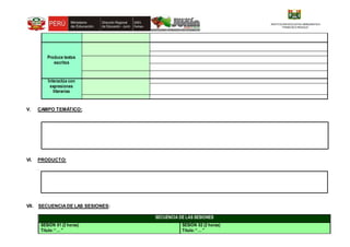 INSTITUCION EDUCATIVA EMBLEMATICA
“FRANCSCO IRAZOLA”
Produce textos
escritos
Interactúa con
expresiones
literarias
V. CAMPO TEMÁTICO:
VI. PRODUCTO:
.
VII. SECUENCIADE LAS SESIONES:
SECUENCIA DE LAS SESIONES
SESIÓN 01 (2 horas)
Título:“… ”
SESIÓN 02 (2 horas)
Título:“… ”
 