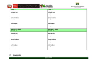 INSTITUCION EDUCATIVA EMBLEMATICA
“FRANCSCO IRAZOLA”
Título:“… ” Título:“… ”
Indicador(es):
 .

Campo temático:
 .

Actividad(es):

 .
Indicador(es):
 .

Campo temático:
 .

Actividad(es):

 .
SESIÓN 13 (2 horas)
Título:“… ”
SESIÓN 14 (2 horas)
Título:“… ”
Indicador(es):
 .

Campo temático:
 .

Actividad(es):

 .
Indicador(es):
 .

Campo temático:
 .

Actividad(es):

 .
VIII. EVALUACIÓN:
EVALUACIÓN
 
