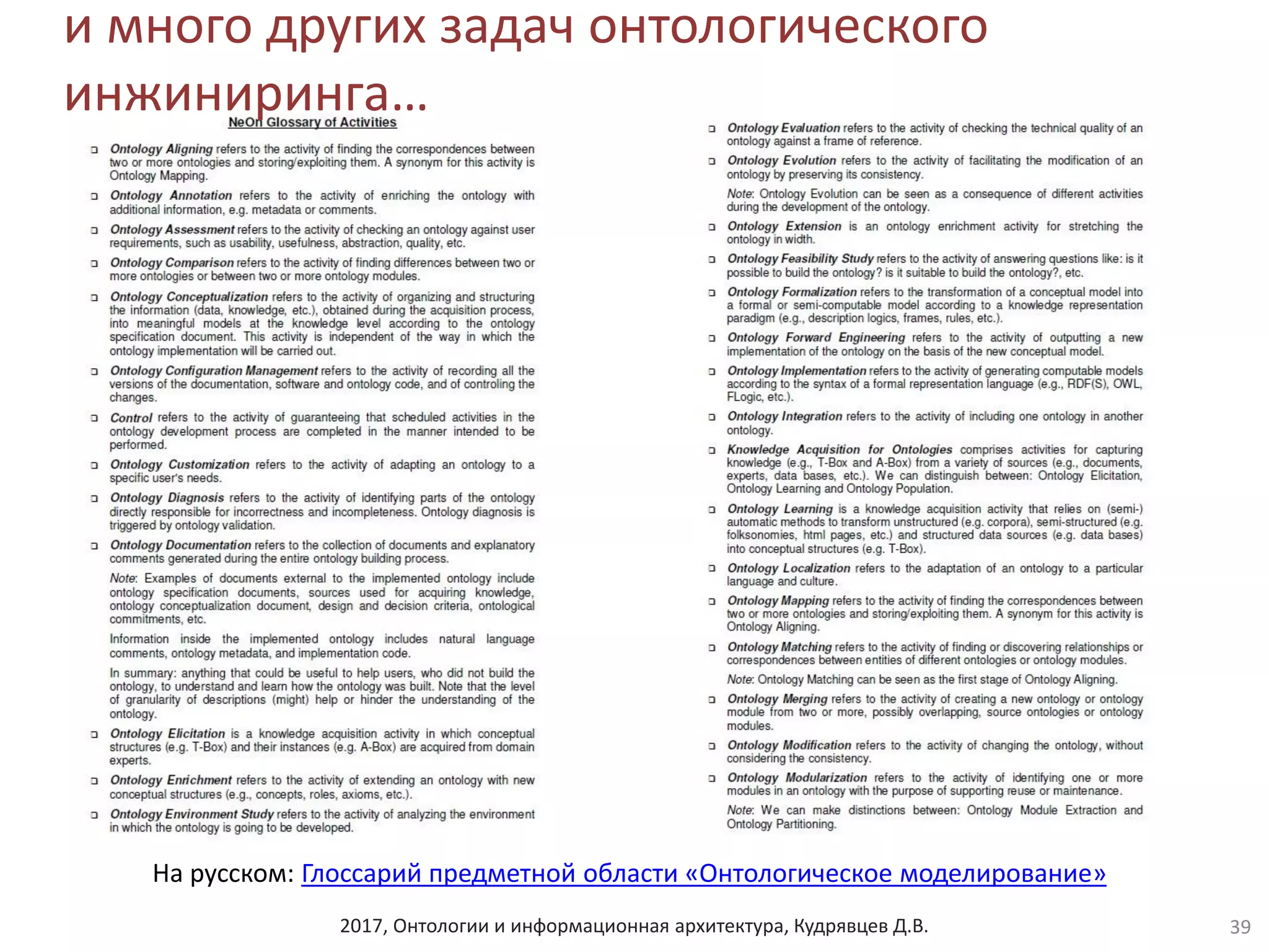 2017, Онтологии и информационная архитектура, Кудрявцев Д.В. 39
На русском: Глоссарий предметной области «Онтологическое моделирование»
и много других задач онтологического
инжиниринга…
 