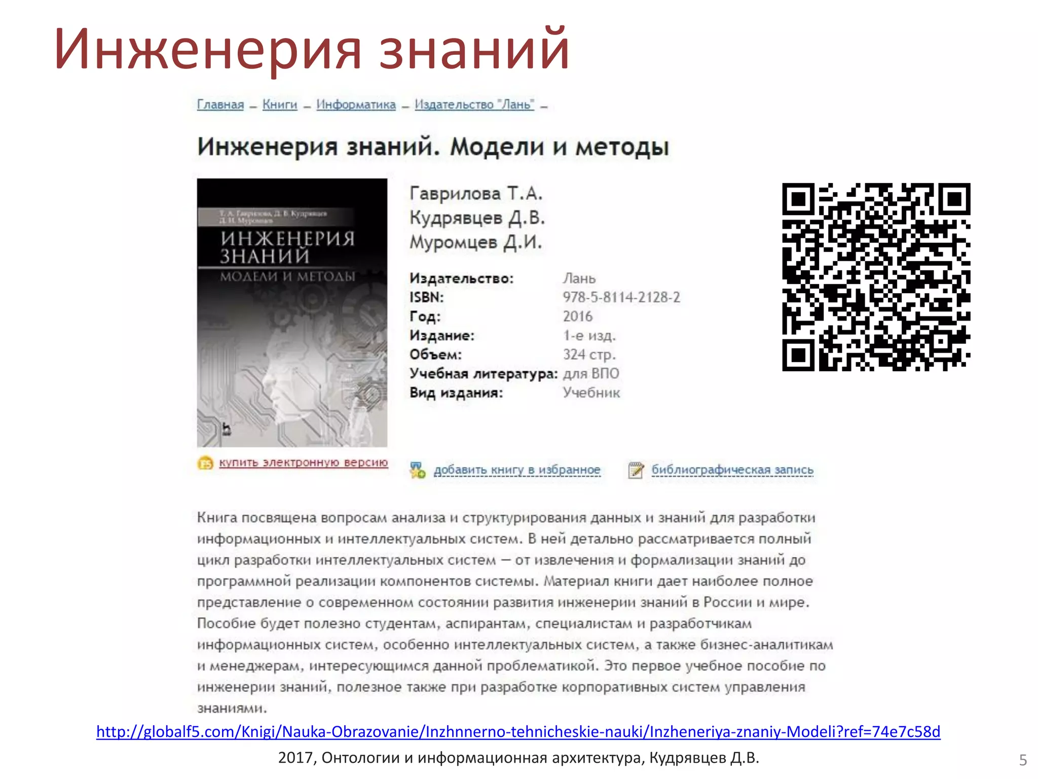 2017, Онтологии и информационная архитектура, Кудрявцев Д.В.
Инженерия знаний
5
http://globalf5.com/Knigi/Nauka-Obrazovanie/Inzhnnerno-tehnicheskie-nauki/Inzheneriya-znaniy-Modeli?ref=74e7c58d
 