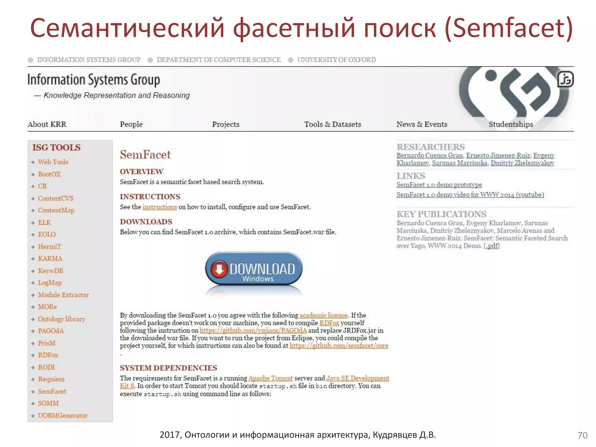2017, Онтологии и информационная архитектура, Кудрявцев Д.В.
Семантический фасетный поиск (Semfacet)
70
 
