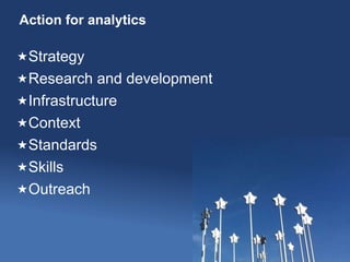 Action for analytics
Strategy
Research and development
Infrastructure
Context
Standards
Skills
Outreach
 