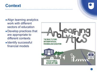 24
Context
●Align learning analytics
work with different
sectors of education
●Develop practices that
are appropriate to
different contexts
●Identify successful
financial models
 