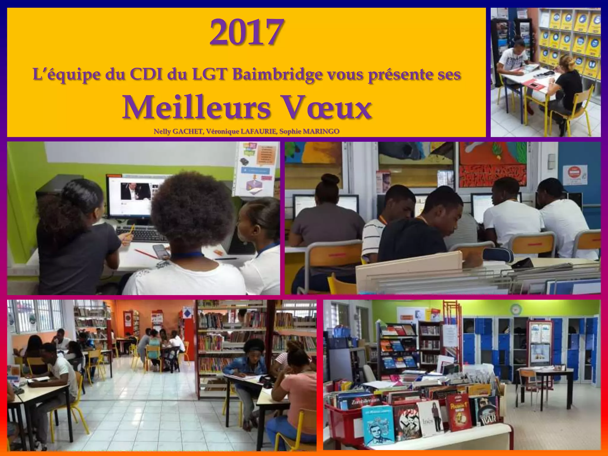 2017
L’équipe du CDI du LGT Baimbridge vous présente ses
Meilleurs VœuxNelly GACHET, Véronique LAFAURIE, Sophie MARINGO