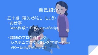 自己紹介
・五十嵐　翔（いがらし　しょう）
　・お仕事
　　Web作成〜PHP、JavaScript
　・趣味のプログラミング
　　システムプログラミング学習〜Rust
　　VR〜Unity、Mono C#
 