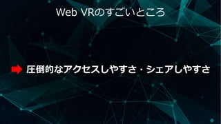 Web VRのすごいところ
圧倒的なアクセスしやすさ・シェアしやすさ
 