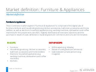 August 2017
Market definition
Market definition: Furniture & Appliances
Quelle: ecommerceDB.com11
Furniture & Appliances
The e-Commerce market segment “Furniture & Appliances” is comprised of the digital sale of
furniture, kitchens and household goods (e.g. kitchen accessories, bathroom accessories and home
textiles), as well as electronic household appliances (e.g. washing machines, dishwashers and coffee
machines) for the private end user (B2C). Digitally distributed services (see: eServices) and the
purchase or resale of used, defective or repaired goods (re-Commerce and C2C) are not included.
IN-SCOPE:
• Furniture
• Household goods (e.g. kitchen accessories,
bathroom accessories and home textiles)
• Electronic household appliances (e.g.
washing machines, dishwashers and coffee
machines)
• Kitchens
OUT-OF-SCOPE:
• B2B markets (e.g. Alibaba)
• Resale of used goods (reCommerce)
• Sales between private persons (e.g.
Craigslist)
 