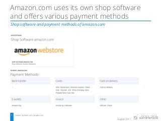 August 2017
Shop software and payment methods of amazon.com
7 Source: builtwith.com, amazon.com
Amazon.com uses its own sh...