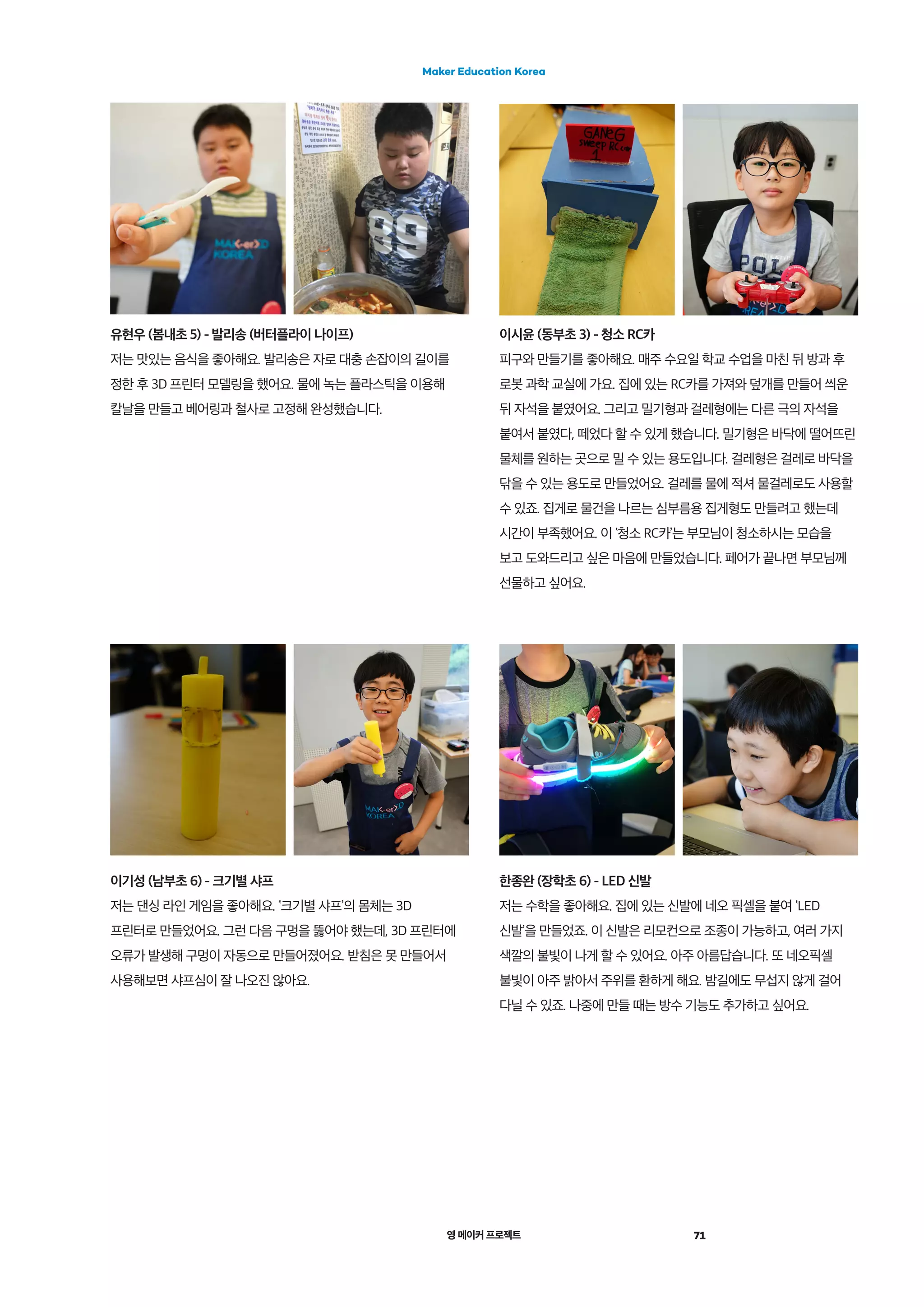 영 메이커 프로젝트 71
Maker Education Korea
한종완 (장학초 6) - LED 신발
저는 수학을 좋아해요. 집에 있는 신발에 네오 픽셀을 붙여 ‛LED
신발’을 만들었죠. 이 신발은 리모컨으로 조종이 가능하고, 여러 가지
색깔의 불빛이 나게 할 수 있어요. 아주 아름답습니다. 또 네오픽셀
불빛이 아주 밝아서 주위를 환하게 해요. 밤길에도 무섭지 않게 걸어
다닐 수 있죠. 나중에 만들 때는 방수 기능도 추가하고 싶어요.
이시윤 (동부초 3) - 청소 RC카
피구와 만들기를 좋아해요. 매주 수요일 학교 수업을 마친 뒤 방과 후
로봇 과학 교실에 가요. 집에 있는 RC카를 가져와 덮개를 만들어 씌운
뒤 자석을 붙였어요. 그리고 밀기형과 걸레형에는 다른 극의 자석을
붙여서 붙였다, 떼었다 할 수 있게 했습니다. 밀기형은 바닥에 떨어뜨린
물체를 원하는 곳으로 밀 수 있는 용도입니다. 걸레형은 걸레로 바닥을
닦을 수 있는 용도로 만들었어요. 걸레를 물에 적셔 물걸레로도 사용할
수 있죠. 집게로 물건을 나르는 심부름용 집게형도 만들려고 했는데
시간이 부족했어요. 이 ‛청소 RC카’는 부모님이 청소하시는 모습을
보고 도와드리고 싶은 마음에 만들었습니다. 페어가 끝나면 부모님께
선물하고 싶어요.
유현우 (봄내초 5) - 발리송 (버터플라이 나이프)
저는 맛있는 음식을 좋아해요. 발리송은 자로 대충 손잡이의 길이를
정한 후 3D 프린터 모델링을 했어요. 물에 녹는 플라스틱을 이용해
칼날을 만들고 베어링과 철사로 고정해 완성했습니다.
이기성 (남부초 6) - 크기별 샤프
저는 댄싱 라인 게임을 좋아해요. ‛크기별 샤프’의 몸체는 3D
프린터로 만들었어요. 그런 다음 구멍을 뚫어야 했는데, 3D 프린터에
오류가 발생해 구멍이 자동으로 만들어졌어요. 받침은 못 만들어서
사용해보면 샤프심이 잘 나오진 않아요.
 