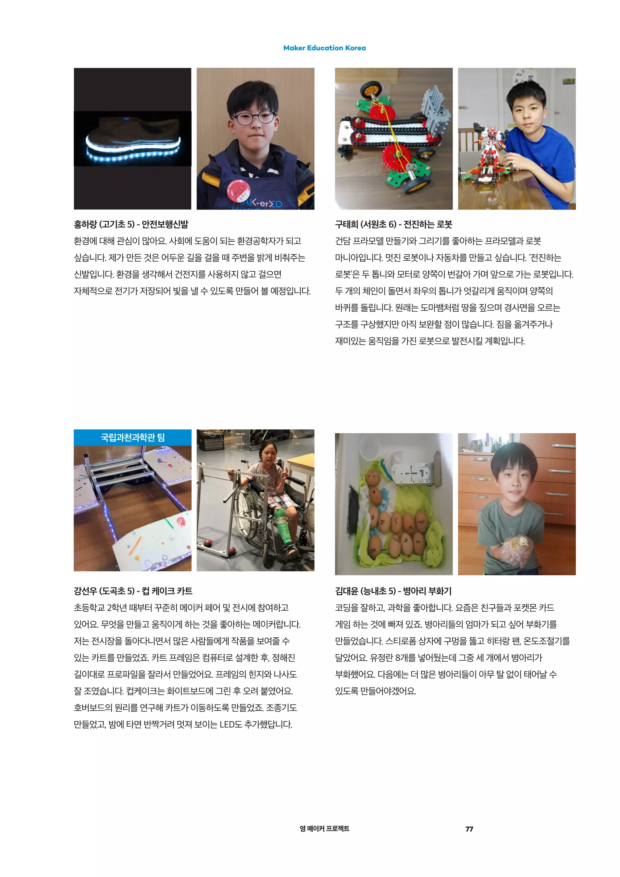 영 메이커 프로젝트 77
Maker Education Korea
김대윤 (능내초 5) - 병아리 부화기
코딩을 잘하고, 과학을 좋아합니다. 요즘은 친구들과 포켓몬 카드
게임 하는 것에 빠져 있죠. 병아리들의 엄마가 되고 싶어 부화기를
만들었습니다. 스티로폼 상자에 구멍을 뚫고 히터랑 팬, 온도조절기를
달았어요. 유정란 8개를 넣어뒀는데 그중 세 개에서 병아리가
부화했어요. 다음에는 더 많은 병아리들이 아무 탈 없이 태어날 수
있도록 만들어야겠어요.
구태희 (서원초 6) - 전진하는 로봇
건담 프라모델 만들기와 그리기를 좋아하는 프라모델과 로봇
마니아입니다. 멋진 로봇이나 자동차를 만들고 싶습니다. ‘전진하는
로봇’은 두 톱니와 모터로 양쪽이 번갈아 가며 앞으로 가는 로봇입니다.
두 개의 체인이 돌면서 좌우의 톱니가 엇갈리게 움직이며 양쪽의
바퀴를 돌립니다. 원래는 도마뱀처럼 땅을 짚으며 경사면을 오르는
구조를 구상했지만 아직 보완할 점이 많습니다. 짐을 옮겨주거나
재미있는 움직임을 가진 로봇으로 발전시킬 계획입니다.
강선우 (도곡초 5) - 컵 케이크 카트
초등학교 2학년 때부터 꾸준히 메이커 페어 및 전시에 참여하고
있어요. 무엇을 만들고 움직이게 하는 것을 좋아하는 메이커랍니다.
저는 전시장을 돌아다니면서 많은 사람들에게 작품을 보여줄 수
있는 카트를 만들었죠. 카트 프레임은 컴퓨터로 설계한 후, 정해진
길이대로 프로파일을 잘라서 만들었어요. 프레임의 힌지와 나사도
잘 조였습니다. 컵케이크는 화이트보드에 그린 후 오려 붙였어요.
호버보드의 원리를 연구해 카트가 이동하도록 만들었죠. 조종기도
만들었고, 밤에 타면 반짝거려 멋져 보이는 LED도 추가했답니다.
홍하랑 (고기초 5) - 안전보행신발
환경에 대해 관심이 많아요. 사회에 도움이 되는 환경공학자가 되고
싶습니다. 제가 만든 것은 어두운 길을 걸을 때 주변을 밝게 비춰주는
신발입니다. 환경을 생각해서 건전지를 사용하지 않고 걸으면
자체적으로 전기가 저장되어 빛을 낼 수 있도록 만들어 볼 예정입니다.
 