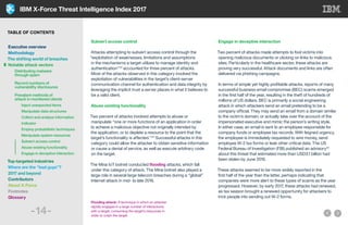 IBM X-Force Threat Intelligence Index 2017
-14-
Subvert access control
Attacks attempting to subvert access control through the
“exploitation of weaknesses, limitations and assumptions
in the mechanisms a target utilizes to manage identity and
authentication”33
accounted for three percent of attacks.
Most of the attacks observed in this category involved the
exploitation of vulnerabilities in the target’s client-server
communication channel for authentication and data integrity by
leveraging the implicit trust a server places in what it believes to
be a valid client.
Abuse existing functionality
Two percent of attacks involved attempts to abuse or
manipulate “one or more functions of an application in order
to achieve a malicious objective not originally intended by
the application, or to deplete a resource to the point that the
target’s functionality is affected.”34
Successful attacks in this
category could allow the attacker to obtain sensitive information
or cause a denial of service, as well as execute arbitrary code
on the target.
The Mirai IoT botnet conducted flooding attacks, which fall
under this category of attack. The Mirai botnet also played a
large role in several large telecom breaches during a “global”
Internet attack in mid- to late 2016.
Engage in deceptive interaction
Two percent of attacks made attempts to fool victims into
opening malicious documents or clicking on links to malicious
sites. Particularly in the healthcare sector, these attacks are
proving very successful. Attack documents and links are often
delivered via phishing campaigns.
In terms of simple yet highly profitable attacks, reports of many
successful business email compromise (BEC) scams emerged
in the first half of the year, resulting in the theft of hundreds of
millions of US dollars. BEC is primarily a social engineering
attack in which attackers send an email pretending to be a
company official. They may send an email from a domain similar
to the victim’s domain, or actually take over the account of the
impersonated executive and mimic the person’s writing style.
In either case, an email is sent to an employee responsible for
company funds or employee tax records. With feigned urgency,
the employee is immediately requested to wire money, send
employee W-2 tax forms or leak other critical data. The US
Federal Bureau of Investigation (FBI) published an advisory35
about this threat that estimated more than USD3.1 billion had
been stolen by June 2016.
These attacks seemed to be more widely reported in the
first half of the year than the latter, perhaps indicating that
companies were more alert to these types of scams as the year
progressed. However, by early 2017, these attacks had renewed,
as tax season brought a renewed opportunity for attackers to
trick people into sending out W-2 forms.
Flooding attack: A technique in which an attacker
rapidly engages in a large number of interactions
with a target, consuming the target’s resources in
order to crash the target.
TABLE OF CONTENTS
Executive overview
Methodology
The shifting world of breaches
Notable attack vectors
	 Distributing malware
	 through spam
	 Record numbers of
	 vulnerability disclosures
	 Prevalent methods of
	 attack in monitored clients
	 	 Inject unexpected items
		Manipulate data structures
		Collect and analyze information
		Indicator
		Employ probabilistic techniques
		Manipulate system resources
		Subvert access control
		Abuse existing functionality
		Engage in deceptive interaction
Top-targeted industries
Where are the “bad guys”?
2017 and beyond
Contributors
About X-Force
Footnotes
Glossary
 