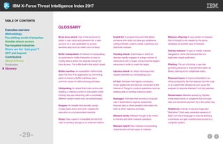 IBM X-Force Threat Intelligence Index 2017
-29-
GLOSSARY
Brute force attack: Use of trial and error to
obtain a user name and password for a valid
account on a web application to access
sensitive data such as credit card numbers.
Buffer manipulation: A method of manipulating
an application’s buffer interaction to read or
modify data to which the attacker should not
have access. The buffer itself is the attack target.
Buffer overflow: An exploitation method that
alters the flow of an application by overwriting
parts of memory. Buffer overflows are a
common cause of malfunctioning software.
Clickjacking: An attack that tricks victims into
initiating a malicious action in one system while
thinking they are interacting with a completely
different system where they are authenticated.
Dropper: An installer that secretly carries
viruses, back doors and other malware for
execution on a compromised machine.
Dump: Data copied in a readable format from
main or auxiliary storage to an external medium.
Exploit kit: A programming tool that allows
someone who does not have any experience
writing software code to create, customize and
distribute malware.
Flooding attack: A technique in which an
attacker rapidly engages in a large number of
interactions with a target, consuming the target’s
resources in order to crash the target.
Injection attack: An attack technique that
exploits websites by manipulating input.
IoT bot: Software that hijacks computers,
smart appliances and devices connected to the
Internet of Things to conduct operations such as
stealing data or sending malicious spam.
Keylogger: Software that records a computer
user’s keystrokes to capture passwords,
financial data or other sensitive information for
theft or other malicious activities.
Malware family: Malware thought to be linked
to botnets and other malware operators.
Malware hybrid: New malware incorporating
characteristics of two types of malware.
Malware offspring: A new version of malware
that is thought to be created by the same
developer as another type of malware.
Overlay malware: A type of mobile malware
designed to mimic the look and feel of a
legitimate, target application.
Phishing: The act of tricking a user into
providing personal or financial information by
falsely claiming to be a legitimate entity.
Poisoned macro: A macro embedded in an
office productivity file that features harmful code
or an exploit that will execute and cause the
endpoint to become infected if not fully patched.
Ransomware: Malware spread by infected
email attachments or programs that encrypts
data and demands payment for a decryption key.
Shellshock: A family of security bugs (aka
“Bashdoor”) that uses vulnerable versions of
Bash command language to execute arbitrary
commands and gain unauthorized access to a
computer system.
TABLE OF CONTENTS
Executive overview
Methodology
The shifting world of breaches
Notable attack vectors
Top-targeted industries
Where are the “bad guys”?
2017 and beyond
Contributors
About X-Force
Footnotes
Glossary
 