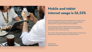 Mobile and tablet
internet usage is 56,55%
StatCounter Global Stats finds that mobile devices accounted for 52.31
percent ...