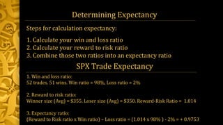 Determining Expectancy
Steps for calculation expectancy:
1. Calculate your win and loss ratio
2. Calculate your reward to risk ratio
3. Combine those two ratios into an expectancy ratio
SPX Trade Expectancy
1. Win and loss ratio:
52 trades. 51 wins. Win ratio = 98%, Loss ratio = 2%
2. Reward to risk ratio:
Winner size (Avg) = $355. Loser size (Avg) = $350. Reward-Risk Ratio = 1.014
3. Expectancy ratio:
(Reward to Risk ratio x Win ratio) – Loss ratio = (1.014 x 98% ) - 2% = + 0.9753
 