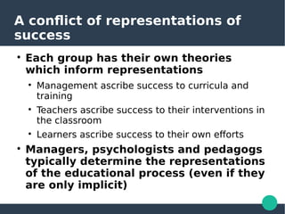 A conflict of representations of
success

Each group has their own theories
which inform representations

Management ascribe success to curricula and
training

Teachers ascribe success to their interventions in
the classroom

Learners ascribe success to their own efforts

Managers, psychologists and pedagogs
typically determine the representations
of the educational process (even if they
are only implicit)
 