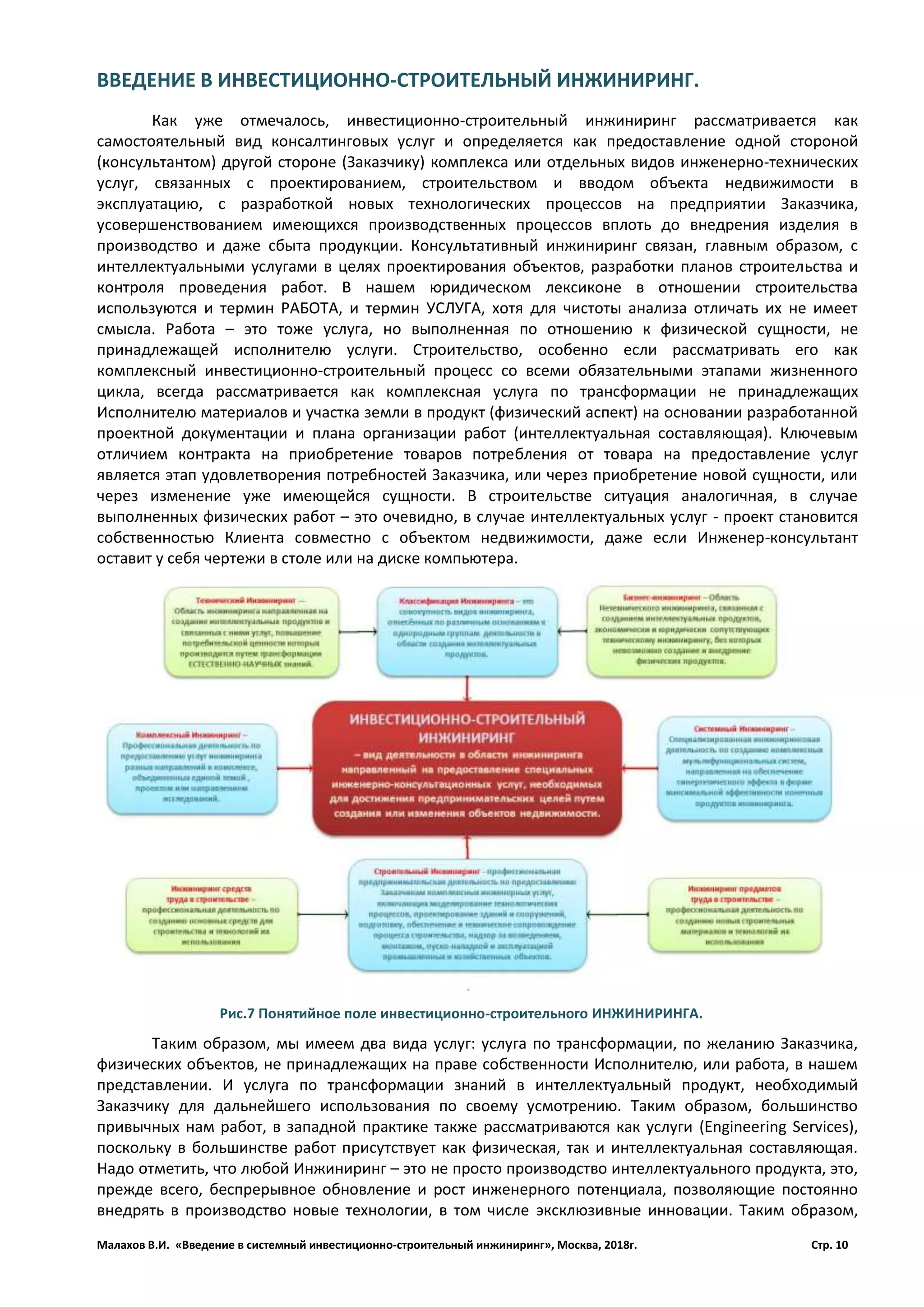 Малахов В.И. «Введение в системный инвестиционно-строительный инжиниринг», Москва, 2018г. Стр. 10
ВВЕДЕНИЕ В ИНВЕСТИЦИОННО-СТРОИТЕЛЬНЫЙ ИНЖИНИРИНГ.
Как уже отмечалось, инвестиционно-строительный инжиниринг рассматривается как
самостоятельный вид консалтинговых услуг и определяется как предоставление одной стороной
(консультантом) другой стороне (Заказчику) комплекса или отдельных видов инженерно-технических
услуг, связанных с проектированием, строительством и вводом объекта недвижимости в
эксплуатацию, с разработкой новых технологических процессов на предприятии Заказчика,
усовершенствованием имеющихся производственных процессов вплоть до внедрения изделия в
производство и даже сбыта продукции. Консультативный инжиниринг связан, главным образом, с
интеллектуальными услугами в целях проектирования объектов, разработки планов строительства и
контроля проведения работ. В нашем юридическом лексиконе в отношении строительства
используются и термин РАБОТА, и термин УСЛУГА, хотя для чистоты анализа отличать их не имеет
смысла. Работа – это тоже услуга, но выполненная по отношению к физической сущности, не
принадлежащей исполнителю услуги. Строительство, особенно если рассматривать его как
комплексный инвестиционно-строительный процесс со всеми обязательными этапами жизненного
цикла, всегда рассматривается как комплексная услуга по трансформации не принадлежащих
Исполнителю материалов и участка земли в продукт (физический аспект) на основании разработанной
проектной документации и плана организации работ (интеллектуальная составляющая). Ключевым
отличием контракта на приобретение товаров потребления от товара на предоставление услуг
является этап удовлетворения потребностей Заказчика, или через приобретение новой сущности, или
через изменение уже имеющейся сущности. В строительстве ситуация аналогичная, в случае
выполненных физических работ – это очевидно, в случае интеллектуальных услуг - проект становится
собственностью Клиента совместно с объектом недвижимости, даже если Инженер-консультант
оставит у себя чертежи в столе или на диске компьютера.
Таким образом, мы имеем два вида услуг: услуга по трансформации, по желанию Заказчика,
физических объектов, не принадлежащих на праве собственности Исполнителю, или работа, в нашем
представлении. И услуга по трансформации знаний в интеллектуальный продукт, необходимый
Заказчику для дальнейшего использования по своему усмотрению. Таким образом, большинство
привычных нам работ, в западной практике также рассматриваются как услуги (Engineering Services),
поскольку в большинстве работ присутствует как физическая, так и интеллектуальная составляющая.
Надо отметить, что любой Инжиниринг – это не просто производство интеллектуального продукта, это,
прежде всего, беспрерывное обновление и рост инженерного потенциала, позволяющие постоянно
внедрять в производство новые технологии, в том числе эксклюзивные инновации. Таким образом,
Рис.7 Понятийное поле инвестиционно-строительного ИНЖИНИРИНГА.
 
