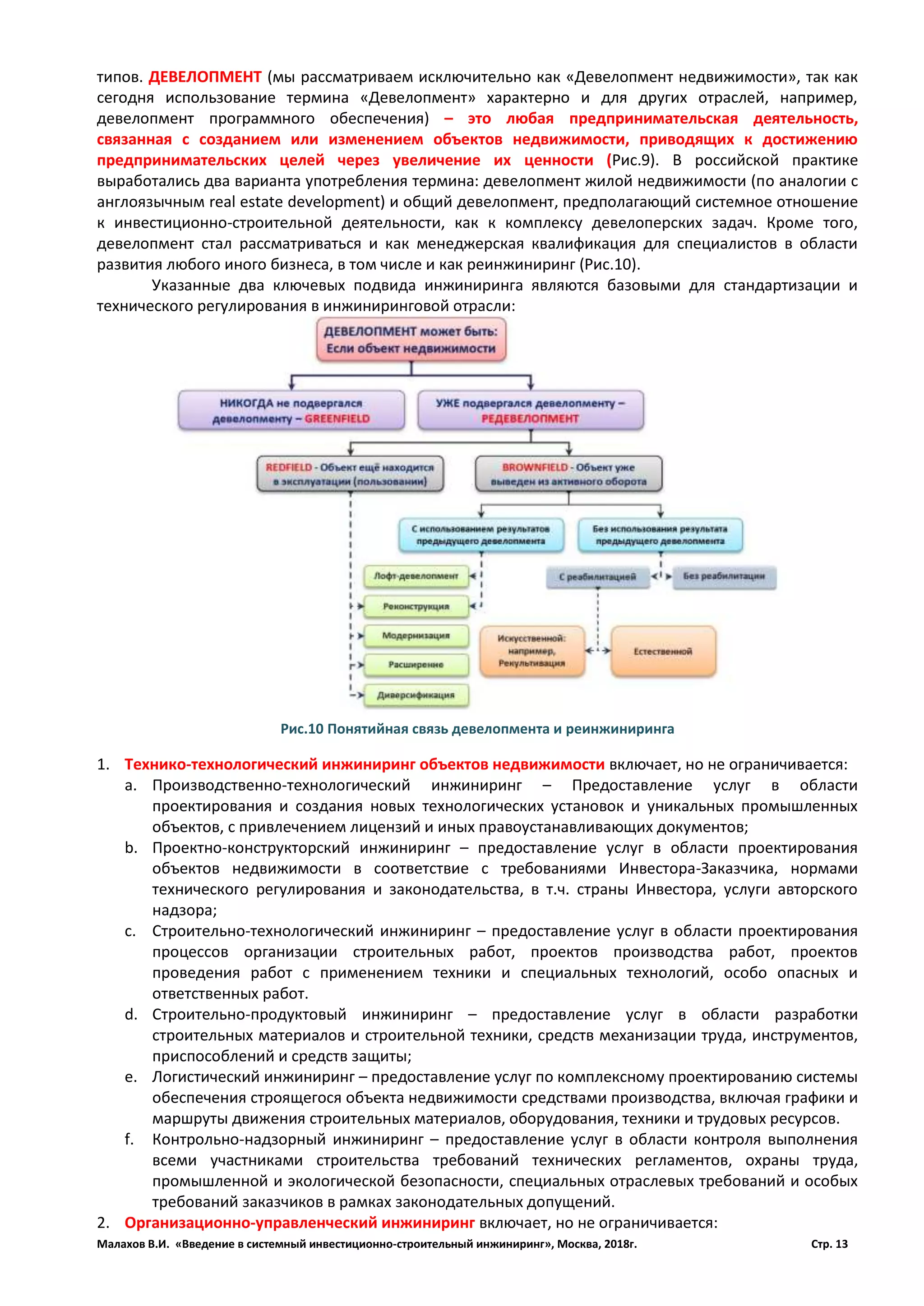 Малахов В.И. «Введение в системный инвестиционно-строительный инжиниринг», Москва, 2018г. Стр. 13
типов. ДЕВЕЛОПМЕНТ (мы рассматриваем исключительно как «Девелопмент недвижимости», так как
сегодня использование термина «Девелопмент» характерно и для других отраслей, например,
девелопмент программного обеспечения) – это любая предпринимательская деятельность,
связанная с созданием или изменением объектов недвижимости, приводящих к достижению
предпринимательских целей через увеличение их ценности (Рис.9). В российской практике
выработались два варианта употребления термина: девелопмент жилой недвижимости (по аналогии с
англоязычным real estate development) и общий девелопмент, предполагающий системное отношение
к инвестиционно-строительной деятельности, как к комплексу девелоперских задач. Кроме того,
девелопмент стал рассматриваться и как менеджерская квалификация для специалистов в области
развития любого иного бизнеса, в том числе и как реинжиниринг (Рис.10).
Указанные два ключевых подвида инжиниринга являются базовыми для стандартизации и
технического регулирования в инжиниринговой отрасли:
1. Технико-технологический инжиниринг объектов недвижимости включает, но не ограничивается:
a. Производственно-технологический инжиниринг – Предоставление услуг в области
проектирования и создания новых технологических установок и уникальных промышленных
объектов, с привлечением лицензий и иных правоустанавливающих документов;
b. Проектно-конструкторский инжиниринг – предоставление услуг в области проектирования
объектов недвижимости в соответствие с требованиями Инвестора-Заказчика, нормами
технического регулирования и законодательства, в т.ч. страны Инвестора, услуги авторского
надзора;
c. Строительно-технологический инжиниринг – предоставление услуг в области проектирования
процессов организации строительных работ, проектов производства работ, проектов
проведения работ с применением техники и специальных технологий, особо опасных и
ответственных работ.
d. Строительно-продуктовый инжиниринг – предоставление услуг в области разработки
строительных материалов и строительной техники, средств механизации труда, инструментов,
приспособлений и средств защиты;
e. Логистический инжиниринг – предоставление услуг по комплексному проектированию системы
обеспечения строящегося объекта недвижимости средствами производства, включая графики и
маршруты движения строительных материалов, оборудования, техники и трудовых ресурсов.
f. Контрольно-надзорный инжиниринг – предоставление услуг в области контроля выполнения
всеми участниками строительства требований технических регламентов, охраны труда,
промышленной и экологической безопасности, специальных отраслевых требований и особых
требований заказчиков в рамках законодательных допущений.
2. Организационно-управленческий инжиниринг включает, но не ограничивается:
Рис.10 Понятийная связь девелопмента и реинжиниринга
 