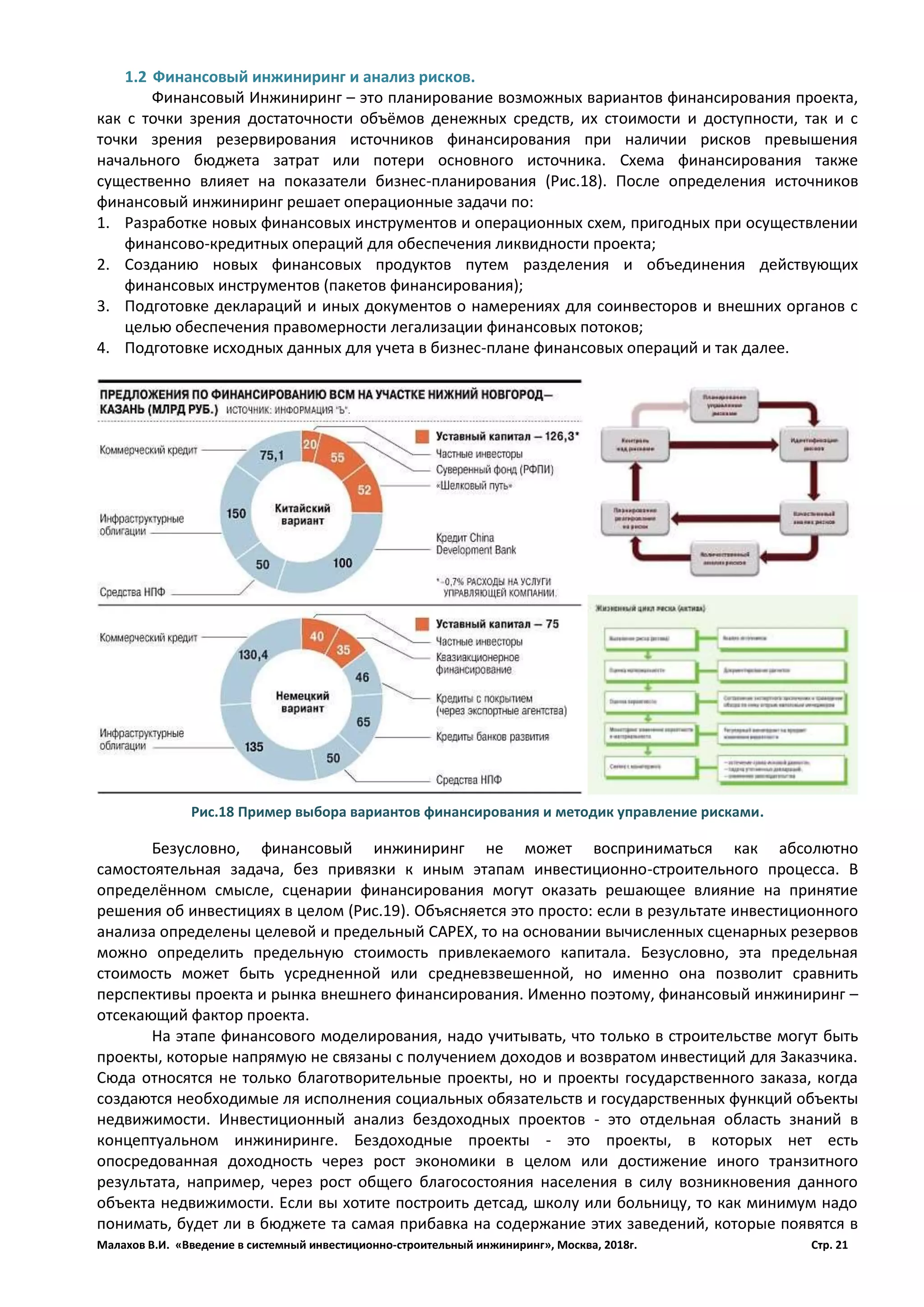 Малахов В.И. «Введение в системный инвестиционно-строительный инжиниринг», Москва, 2018г. Стр. 21
1.2 Финансовый инжиниринг и анализ рисков.
Финансовый Инжиниринг – это планирование возможных вариантов финансирования проекта,
как с точки зрения достаточности объёмов денежных средств, их стоимости и доступности, так и с
точки зрения резервирования источников финансирования при наличии рисков превышения
начального бюджета затрат или потери основного источника. Схема финансирования также
существенно влияет на показатели бизнес-планирования (Рис.18). После определения источников
финансовый инжиниринг решает операционные задачи по:
1. Разработке новых финансовых инструментов и операционных схем, пригодных при осуществлении
финансово-кредитных операций для обеспечения ликвидности проекта;
2. Созданию новых финансовых продуктов путем разделения и объединения действующих
финансовых инструментов (пакетов финансирования);
3. Подготовке деклараций и иных документов о намерениях для соинвесторов и внешних органов с
целью обеспечения правомерности легализации финансовых потоков;
4. Подготовке исходных данных для учета в бизнес-плане финансовых операций и так далее.
Безусловно, финансовый инжиниринг не может восприниматься как абсолютно
самостоятельная задача, без привязки к иным этапам инвестиционно-строительного процесса. В
определённом смысле, сценарии финансирования могут оказать решающее влияние на принятие
решения об инвестициях в целом (Рис.19). Объясняется это просто: если в результате инвестиционного
анализа определены целевой и предельный CAPEX, то на основании вычисленных сценарных резервов
можно определить предельную стоимость привлекаемого капитала. Безусловно, эта предельная
стоимость может быть усредненной или средневзвешенной, но именно она позволит сравнить
перспективы проекта и рынка внешнего финансирования. Именно поэтому, финансовый инжиниринг –
отсекающий фактор проекта.
На этапе финансового моделирования, надо учитывать, что только в строительстве могут быть
проекты, которые напрямую не связаны с получением доходов и возвратом инвестиций для Заказчика.
Сюда относятся не только благотворительные проекты, но и проекты государственного заказа, когда
создаются необходимые ля исполнения социальных обязательств и государственных функций объекты
недвижимости. Инвестиционный анализ бездоходных проектов - это отдельная область знаний в
концептуальном инжиниринге. Бездоходные проекты - это проекты, в которых нет есть
опосредованная доходность через рост экономики в целом или достижение иного транзитного
результата, например, через рост общего благосостояния населения в силу возникновения данного
объекта недвижимости. Если вы хотите построить детсад, школу или больницу, то как минимум надо
понимать, будет ли в бюджете та самая прибавка на содержание этих заведений, которые появятся в
Рис.18 Пример выбора вариантов финансирования и методик управление рисками.
 
