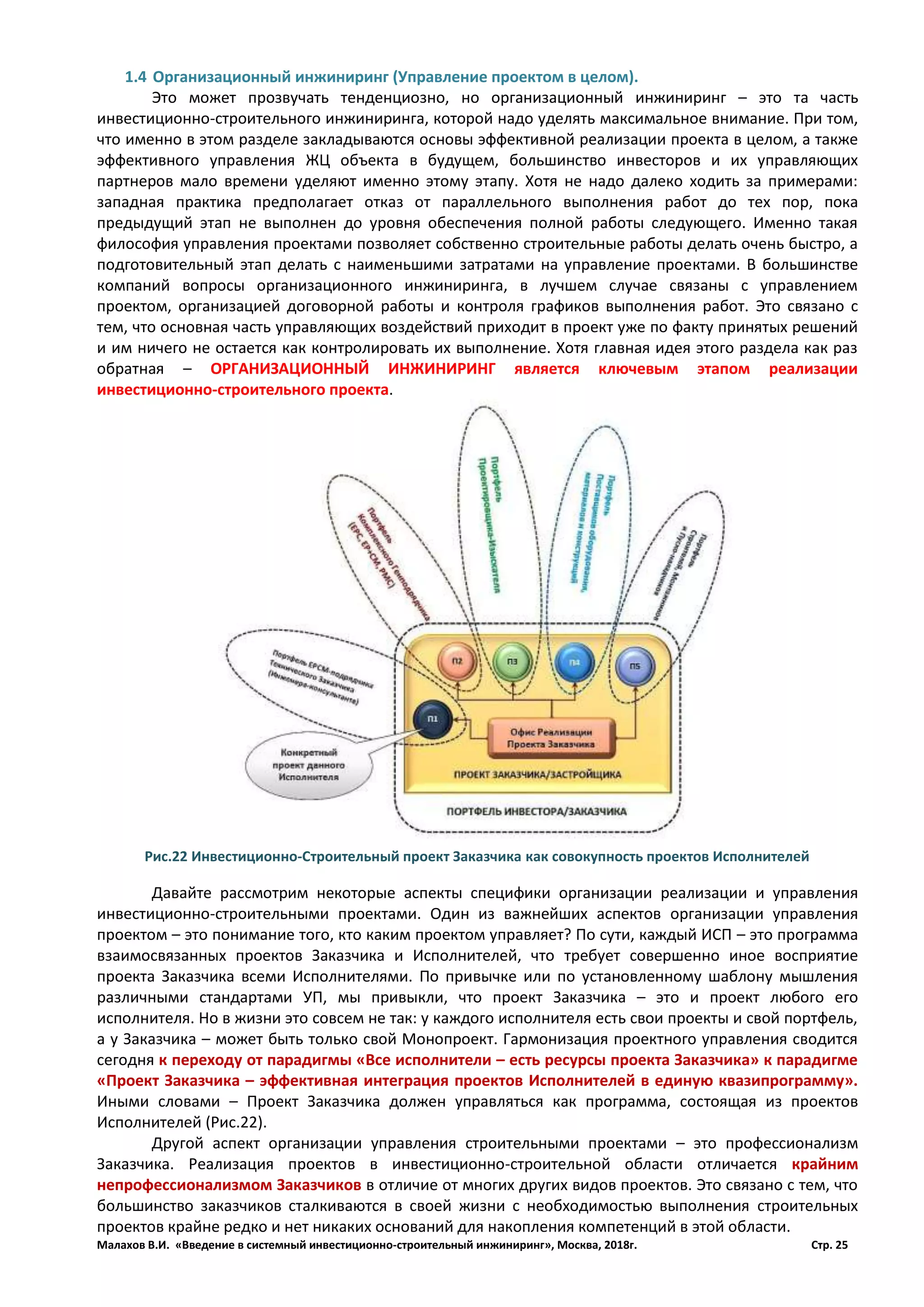 Малахов В.И. «Введение в системный инвестиционно-строительный инжиниринг», Москва, 2018г. Стр. 25
1.4 Организационный инжиниринг (Управление проектом в целом).
Это может прозвучать тенденциозно, но организационный инжиниринг – это та часть
инвестиционно-строительного инжиниринга, которой надо уделять максимальное внимание. При том,
что именно в этом разделе закладываются основы эффективной реализации проекта в целом, а также
эффективного управления ЖЦ объекта в будущем, большинство инвесторов и их управляющих
партнеров мало времени уделяют именно этому этапу. Хотя не надо далеко ходить за примерами:
западная практика предполагает отказ от параллельного выполнения работ до тех пор, пока
предыдущий этап не выполнен до уровня обеспечения полной работы следующего. Именно такая
философия управления проектами позволяет собственно строительные работы делать очень быстро, а
подготовительный этап делать с наименьшими затратами на управление проектами. В большинстве
компаний вопросы организационного инжиниринга, в лучшем случае связаны с управлением
проектом, организацией договорной работы и контроля графиков выполнения работ. Это связано с
тем, что основная часть управляющих воздействий приходит в проект уже по факту принятых решений
и им ничего не остается как контролировать их выполнение. Хотя главная идея этого раздела как раз
обратная – ОРГАНИЗАЦИОННЫЙ ИНЖИНИРИНГ является ключевым этапом реализации
инвестиционно-строительного проекта.
Давайте рассмотрим некоторые аспекты специфики организации реализации и управления
инвестиционно-строительными проектами. Один из важнейших аспектов организации управления
проектом – это понимание того, кто каким проектом управляет? По сути, каждый ИСП – это программа
взаимосвязанных проектов Заказчика и Исполнителей, что требует совершенно иное восприятие
проекта Заказчика всеми Исполнителями. По привычке или по установленному шаблону мышления
различными стандартами УП, мы привыкли, что проект Заказчика – это и проект любого его
исполнителя. Но в жизни это совсем не так: у каждого исполнителя есть свои проекты и свой портфель,
а у Заказчика – может быть только свой Монопроект. Гармонизация проектного управления сводится
сегодня к переходу от парадигмы «Все исполнители – есть ресурсы проекта Заказчика» к парадигме
«Проект Заказчика – эффективная интеграция проектов Исполнителей в единую квазипрограмму».
Иными словами – Проект Заказчика должен управляться как программа, состоящая из проектов
Исполнителей (Рис.22).
Другой аспект организации управления строительными проектами – это профессионализм
Заказчика. Реализация проектов в инвестиционно-строительной области отличается крайним
непрофессионализмом Заказчиков в отличие от многих других видов проектов. Это связано с тем, что
большинство заказчиков сталкиваются в своей жизни с необходимостью выполнения строительных
проектов крайне редко и нет никаких оснований для накопления компетенций в этой области.
Рис.22 Инвестиционно-Строительный проект Заказчика как совокупность проектов Исполнителей
 