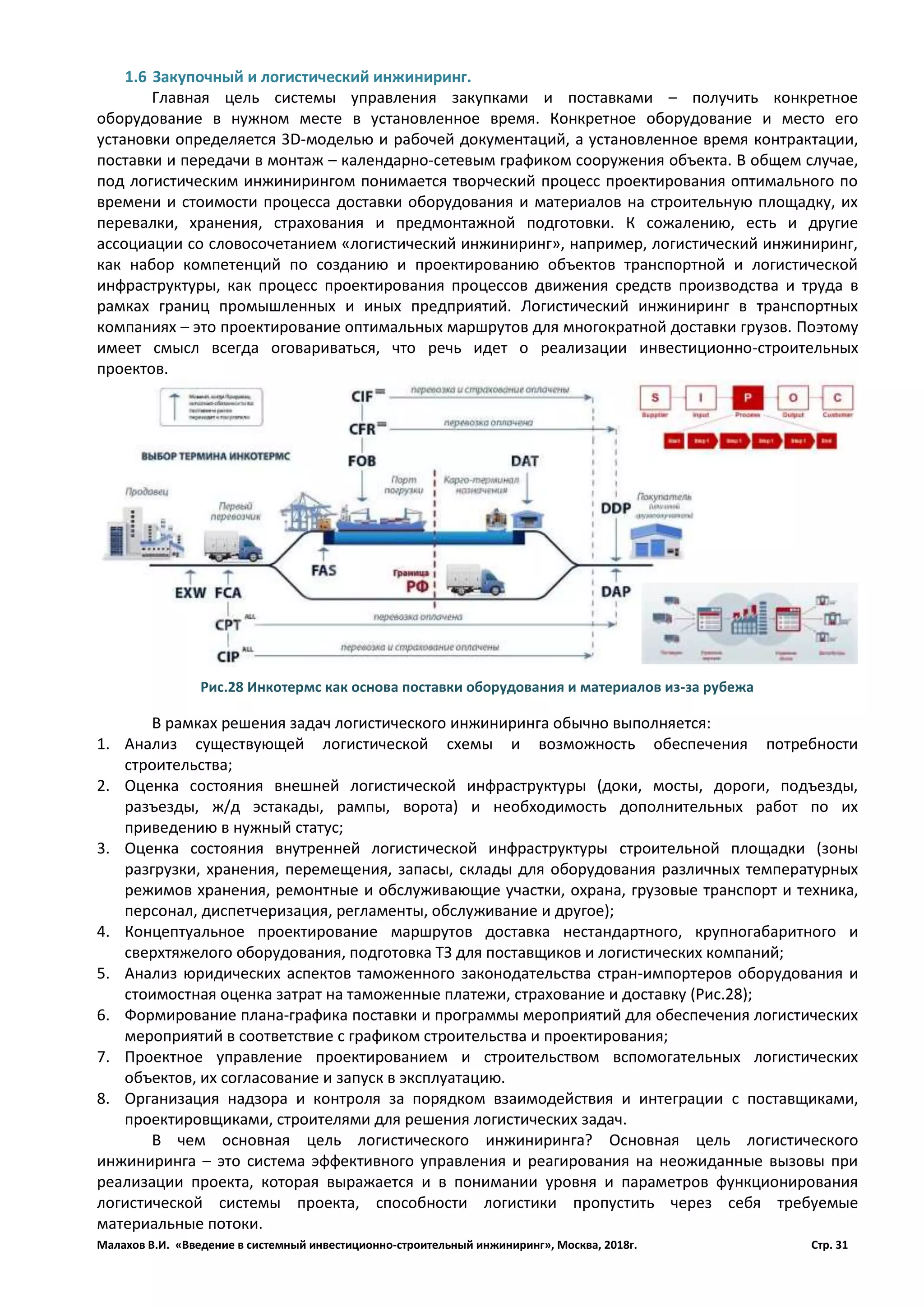Малахов В.И. «Введение в системный инвестиционно-строительный инжиниринг», Москва, 2018г. Стр. 31
1.6 Закупочный и логистический инжиниринг.
Главная цель системы управления закупками и поставками – получить конкретное
оборудование в нужном месте в установленное время. Конкретное оборудование и место его
установки определяется 3D­моделью и рабочей документаций, а установленное время контрактации,
поставки и передачи в монтаж – календарно­сетевым графиком сооружения объекта. В общем случае,
под логистическим инжинирингом понимается творческий процесс проектирования оптимального по
времени и стоимости процесса доставки оборудования и материалов на строительную площадку, их
перевалки, хранения, страхования и предмонтажной подготовки. К сожалению, есть и другие
ассоциации со словосочетанием «логистический инжиниринг», например, логистический инжиниринг,
как набор компетенций по созданию и проектированию объектов транспортной и логистической
инфраструктуры, как процесс проектирования процессов движения средств производства и труда в
рамках границ промышленных и иных предприятий. Логистический инжиниринг в транспортных
компаниях – это проектирование оптимальных маршрутов для многократной доставки грузов. Поэтому
имеет смысл всегда оговариваться, что речь идет о реализации инвестиционно-строительных
проектов.
В рамках решения задач логистического инжиниринга обычно выполняется:
1. Анализ существующей логистической схемы и возможность обеспечения потребности
строительства;
2. Оценка состояния внешней логистической инфраструктуры (доки, мосты, дороги, подъезды,
разъезды, ж/д эстакады, рампы, ворота) и необходимость дополнительных работ по их
приведению в нужный статус;
3. Оценка состояния внутренней логистической инфраструктуры строительной площадки (зоны
разгрузки, хранения, перемещения, запасы, склады для оборудования различных температурных
режимов хранения, ремонтные и обслуживающие участки, охрана, грузовые транспорт и техника,
персонал, диспетчеризация, регламенты, обслуживание и другое);
4. Концептуальное проектирование маршрутов доставка нестандартного, крупногабаритного и
сверхтяжелого оборудования, подготовка ТЗ для поставщиков и логистических компаний;
5. Анализ юридических аспектов таможенного законодательства стран-импортеров оборудования и
стоимостная оценка затрат на таможенные платежи, страхование и доставку (Рис.28);
6. Формирование плана-графика поставки и программы мероприятий для обеспечения логистических
мероприятий в соответствие с графиком строительства и проектирования;
7. Проектное управление проектированием и строительством вспомогательных логистических
объектов, их согласование и запуск в эксплуатацию.
8. Организация надзора и контроля за порядком взаимодействия и интеграции с поставщиками,
проектировщиками, строителями для решения логистических задач.
В чем основная цель логистического инжиниринга? Основная цель логистического
инжиниринга – это система эффективного управления и реагирования на неожиданные вызовы при
реализации проекта, которая выражается и в понимании уровня и параметров функционирования
логистической системы проекта, способности логистики пропустить через себя требуемые
материальные потоки.
Рис.28 Инкотермс как основа поставки оборудования и материалов из-за рубежа
 