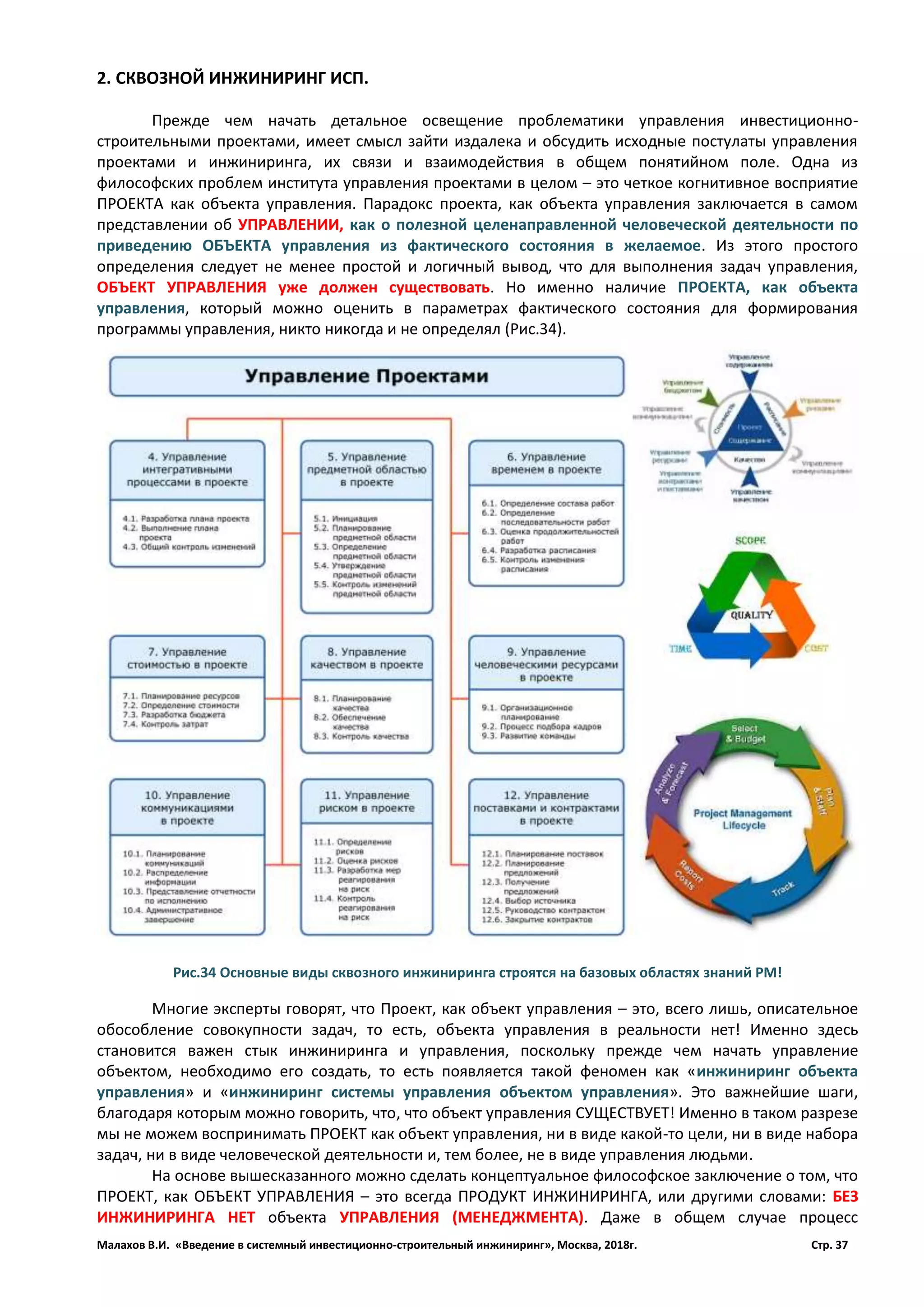 Малахов В.И. «Введение в системный инвестиционно-строительный инжиниринг», Москва, 2018г. Стр. 37
2. СКВОЗНОЙ ИНЖИНИРИНГ ИСП.
Прежде чем начать детальное освещение проблематики управления инвестиционно-
строительными проектами, имеет смысл зайти издалека и обсудить исходные постулаты управления
проектами и инжиниринга, их связи и взаимодействия в общем понятийном поле. Одна из
философских проблем института управления проектами в целом – это четкое когнитивное восприятие
ПРОЕКТА как объекта управления. Парадокс проекта, как объекта управления заключается в самом
представлении об УПРАВЛЕНИИ, как о полезной целенаправленной человеческой деятельности по
приведению ОБЪЕКТА управления из фактического состояния в желаемое. Из этого простого
определения следует не менее простой и логичный вывод, что для выполнения задач управления,
ОБЪЕКТ УПРАВЛЕНИЯ уже должен существовать. Но именно наличие ПРОЕКТА, как объекта
управления, который можно оценить в параметрах фактического состояния для формирования
программы управления, никто никогда и не определял (Рис.34).
Многие эксперты говорят, что Проект, как объект управления – это, всего лишь, описательное
обособление совокупности задач, то есть, объекта управления в реальности нет! Именно здесь
становится важен стык инжиниринга и управления, поскольку прежде чем начать управление
объектом, необходимо его создать, то есть появляется такой феномен как «инжиниринг объекта
управления» и «инжиниринг системы управления объектом управления». Это важнейшие шаги,
благодаря которым можно говорить, что, что объект управления СУЩЕСТВУЕТ! Именно в таком разрезе
мы не можем воспринимать ПРОЕКТ как объект управления, ни в виде какой-то цели, ни в виде набора
задач, ни в виде человеческой деятельности и, тем более, не в виде управления людьми.
На основе вышесказанного можно сделать концептуальное философское заключение о том, что
ПРОЕКТ, как ОБЪЕКТ УПРАВЛЕНИЯ – это всегда ПРОДУКТ ИНЖИНИРИНГА, или другими словами: БЕЗ
ИНЖИНИРИНГА НЕТ объекта УПРАВЛЕНИЯ (МЕНЕДЖМЕНТА). Даже в общем случае процесс
Рис.34 Основные виды сквозного инжиниринга строятся на базовых областях знаний РМ!
 