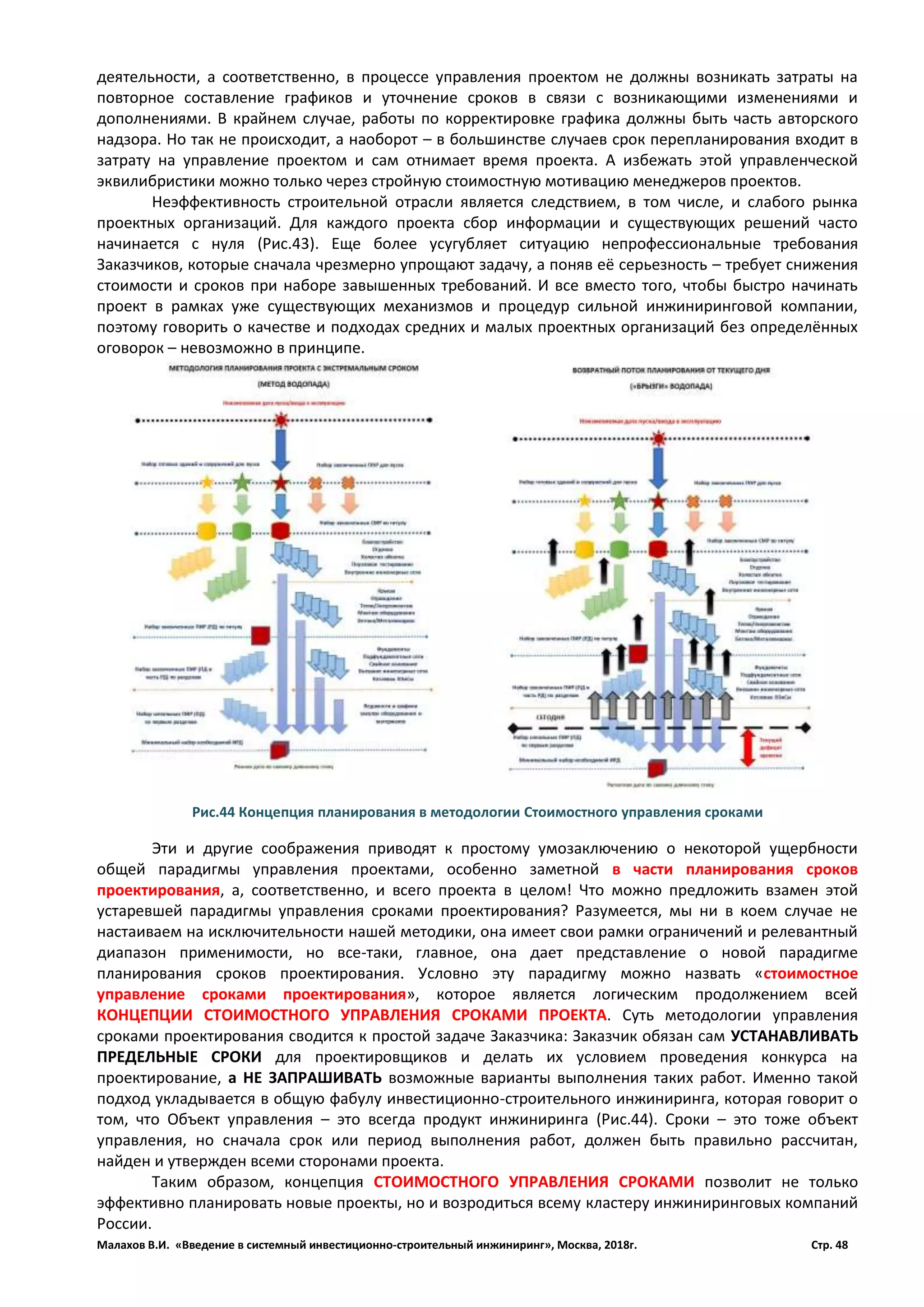 Малахов В.И. «Введение в системный инвестиционно-строительный инжиниринг», Москва, 2018г. Стр. 48
деятельности, а соответственно, в процессе управления проектом не должны возникать затраты на
повторное составление графиков и уточнение сроков в связи с возникающими изменениями и
дополнениями. В крайнем случае, работы по корректировке графика должны быть часть авторского
надзора. Но так не происходит, а наоборот – в большинстве случаев срок перепланирования входит в
затрату на управление проектом и сам отнимает время проекта. А избежать этой управленческой
эквилибристики можно только через стройную стоимостную мотивацию менеджеров проектов.
Неэффективность строительной отрасли является следствием, в том числе, и слабого рынка
проектных организаций. Для каждого проекта сбор информации и существующих решений часто
начинается с нуля (Рис.43). Еще более усугубляет ситуацию непрофессиональные требования
Заказчиков, которые сначала чрезмерно упрощают задачу, а поняв её серьезность – требует снижения
стоимости и сроков при наборе завышенных требований. И все вместо того, чтобы быстро начинать
проект в рамках уже существующих механизмов и процедур сильной инжиниринговой компании,
поэтому говорить о качестве и подходах средних и малых проектных организаций без определённых
оговорок – невозможно в принципе.
Эти и другие соображения приводят к простому умозаключению о некоторой ущербности
общей парадигмы управления проектами, особенно заметной в части планирования сроков
проектирования, а, соответственно, и всего проекта в целом! Что можно предложить взамен этой
устаревшей парадигмы управления сроками проектирования? Разумеется, мы ни в коем случае не
настаиваем на исключительности нашей методики, она имеет свои рамки ограничений и релевантный
диапазон применимости, но все-таки, главное, она дает представление о новой парадигме
планирования сроков проектирования. Условно эту парадигму можно назвать «стоимостное
управление сроками проектирования», которое является логическим продолжением всей
КОНЦЕПЦИИ СТОИМОСТНОГО УПРАВЛЕНИЯ СРОКАМИ ПРОЕКТА. Суть методологии управления
сроками проектирования сводится к простой задаче Заказчика: Заказчик обязан сам УСТАНАВЛИВАТЬ
ПРЕДЕЛЬНЫЕ СРОКИ для проектировщиков и делать их условием проведения конкурса на
проектирование, а НЕ ЗАПРАШИВАТЬ возможные варианты выполнения таких работ. Именно такой
подход укладывается в общую фабулу инвестиционно-строительного инжиниринга, которая говорит о
том, что Объект управления – это всегда продукт инжиниринга (Рис.44). Сроки – это тоже объект
управления, но сначала срок или период выполнения работ, должен быть правильно рассчитан,
найден и утвержден всеми сторонами проекта.
Таким образом, концепция СТОИМОСТНОГО УПРАВЛЕНИЯ СРОКАМИ позволит не только
эффективно планировать новые проекты, но и возродиться всему кластеру инжиниринговых компаний
России.
Рис.44 Концепция планирования в методологии Стоимостного управления сроками
 