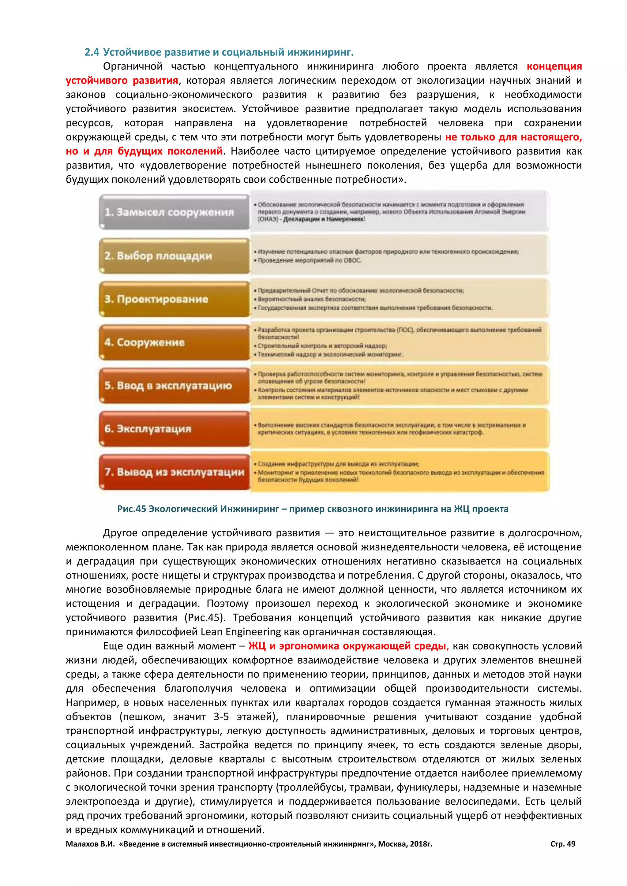 Малахов В.И. «Введение в системный инвестиционно-строительный инжиниринг», Москва, 2018г. Стр. 49
2.4 Устойчивое развитие и социальный инжиниринг.
Органичной частью концептуального инжиниринга любого проекта является концепция
устойчивого развития, которая является логическим переходом от экологизации научных знаний и
законов социально-экономического развития к развитию без разрушения, к необходимости
устойчивого развития экосистем. Устойчивое развитие предполагает такую модель использования
ресурсов, которая направлена на удовлетворение потребностей человека при сохранении
окружающей среды, с тем что эти потребности могут быть удовлетворены не только для настоящего,
но и для будущих поколений. Наиболее часто цитируемое определение устойчивого развития как
развития, что «удовлетворение потребностей нынешнего поколения, без ущерба для возможности
будущих поколений удовлетворять свои собственные потребности».
Другое определение устойчивого развития — это неистощительное развитие в долгосрочном,
межпоколенном плане. Так как природа является основой жизнедеятельности человека, её истощение
и деградация при существующих экономических отношениях негативно сказывается на социальных
отношениях, росте нищеты и структурах производства и потребления. С другой стороны, оказалось, что
многие возобновляемые природные блага не имеют должной ценности, что является источником их
истощения и деградации. Поэтому произошел переход к экологической экономике и экономике
устойчивого развития (Рис.45). Требования концепций устойчивого развития как никакие другие
принимаются философией Lean Engineering как органичная составляющая.
Еще один важный момент – ЖЦ и эргономика окружающей среды, как совокупность условий
жизни людей, обеспечивающих комфортное взаимодействие человека и других элементов внешней
среды, а также сфера деятельности по применению теории, принципов, данных и методов этой науки
для обеспечения благополучия человека и оптимизации общей производительности системы.
Например, в новых населенных пунктах или кварталах городов создается гуманная этажность жилых
объектов (пешком, значит 3-5 этажей), планировочные решения учитывают создание удобной
транспортной инфраструктуры, легкую доступность административных, деловых и торговых центров,
социальных учреждений. Застройка ведется по принципу ячеек, то есть создаются зеленые дворы,
детские площадки, деловые кварталы с высотным строительством отделяются от жилых зеленых
районов. При создании транспортной инфраструктуры предпочтение отдается наиболее приемлемому
с экологической точки зрения транспорту (троллейбусы, трамваи, фуникулеры, надземные и наземные
электропоезда и другие), стимулируется и поддерживается пользование велосипедами. Есть целый
ряд прочих требований эргономики, который позволяют снизить социальный ущерб от неэффективных
и вредных коммуникаций и отношений.
Рис.45 Экологический Инжиниринг – пример сквозного инжиниринга на ЖЦ проекта
 