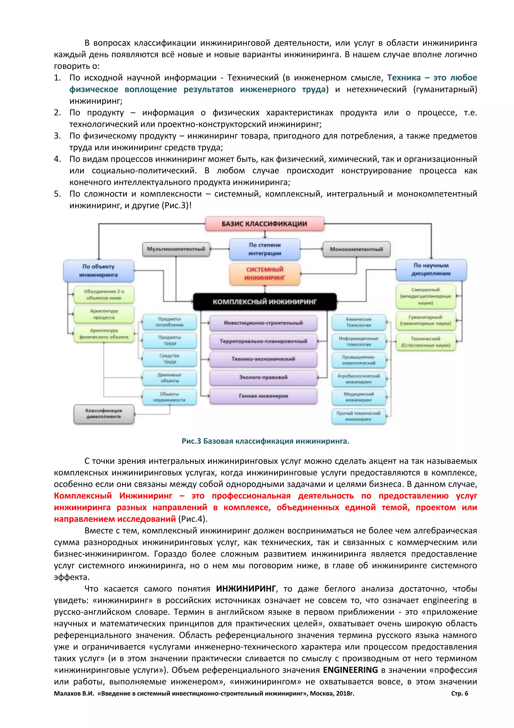 Малахов В.И. «Введение в системный инвестиционно-строительный инжиниринг», Москва, 2018г. Стр. 6
В вопросах классификации инжиниринговой деятельности, или услуг в области инжиниринга
каждый день появляются всё новые и новые варианты инжиниринга. В нашем случае вполне логично
говорить о:
1. По исходной научной информации - Технический (в инженерном смысле, Техника – это любое
физическое воплощение результатов инженерного труда) и нетехнический (гуманитарный)
инжиниринг;
2. По продукту – информация о физических характеристиках продукта или о процессе, т.е.
технологический или проектно-конструкторский инжиниринг;
3. По физическому продукту – инжиниринг товара, пригодного для потребления, а также предметов
труда или инжиниринг средств труда;
4. По видам процессов инжиниринг может быть, как физический, химический, так и организационный
или социально-политический. В любом случае происходит конструирование процесса как
конечного интеллектуального продукта инжиниринга;
5. По сложности и комплексности – системный, комплексный, интегральный и монокомпетентный
инжиниринг, и другие (Рис.3)!
С точки зрения интегральных инжиниринговых услуг можно сделать акцент на так называемых
комплексных инжиниринговых услугах, когда инжиниринговые услуги предоставляются в комплексе,
особенно если они связаны между собой однородными задачами и целями бизнеса. В данном случае,
Комплексный Инжиниринг – это профессиональная деятельность по предоставлению услуг
инжиниринга разных направлений в комплексе, объединенных единой темой, проектом или
направлением исследований (Рис.4).
Вместе с тем, комплексный инжиниринг должен восприниматься не более чем алгебраическая
сумма разнородных инжиниринговых услуг, как технических, так и связанных с коммерческим или
бизнес-инжинирингом. Гораздо более сложным развитием инжиниринга является предоставление
услуг системного инжиниринга, но о нем мы поговорим ниже, в главе об инжиниринге системного
эффекта.
Что касается самого понятия ИНЖИНИРИНГ, то даже беглого анализа достаточно, чтобы
увидеть: «инжиниринг» в российских источниках означает не совсем то, что означает engineering в
русско-английском словаре. Термин в английском языке в первом приближении - это «приложение
научных и математических принципов для практических целей», охватывает очень широкую область
референциального значения. Область референциального значения термина русского языка намного
уже и ограничивается «услугами инженерно-технического характера или процессом предоставления
таких услуг» (и в этом значении практически сливается по смыслу с производным от него термином
«инжиниринговые услуги»). Объем референциального значения ENGINEERING в значении «профессия
или работы, выполняемые инженером», «инжинирингом» не охватывается вовсе, в этом значении
Рис.3 Базовая классификация инжиниринга.
 