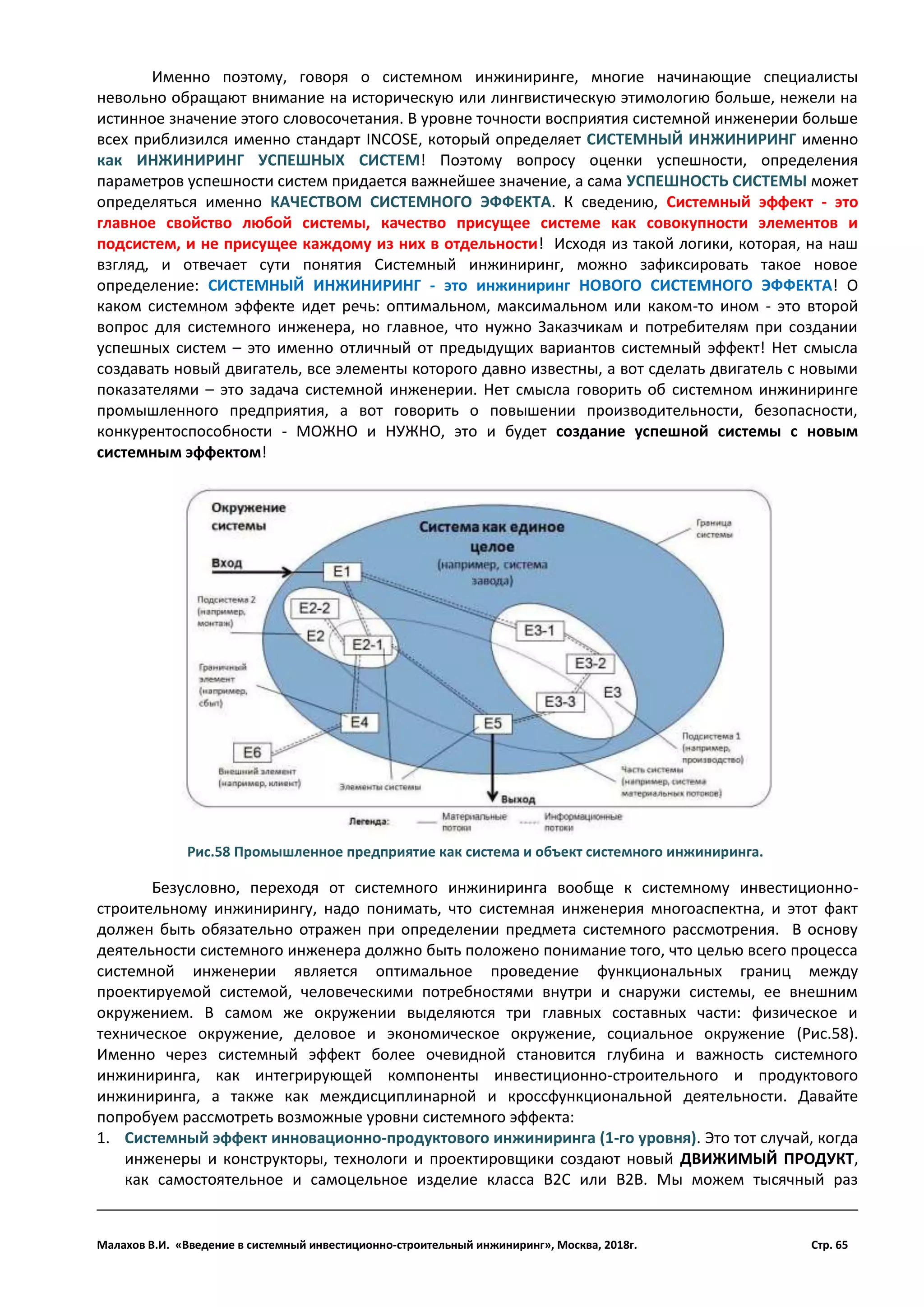 Малахов В.И. «Введение в системный инвестиционно-строительный инжиниринг», Москва, 2018г. Стр. 65
Именно поэтому, говоря о системном инжиниринге, многие начинающие специалисты
невольно обращают внимание на историческую или лингвистическую этимологию больше, нежели на
истинное значение этого словосочетания. В уровне точности восприятия системной инженерии больше
всех приблизился именно стандарт INCOSE, который определяет СИСТЕМНЫЙ ИНЖИНИРИНГ именно
как ИНЖИНИРИНГ УСПЕШНЫХ СИСТЕМ! Поэтому вопросу оценки успешности, определения
параметров успешности систем придается важнейшее значение, а сама УСПЕШНОСТЬ СИСТЕМЫ может
определяться именно КАЧЕСТВОМ СИСТЕМНОГО ЭФФЕКТА. К сведению, Системный эффект - это
главное свойство любой системы, качество присущее системе как совокупности элементов и
подсистем, и не присущее каждому из них в отдельности! Исходя из такой логики, которая, на наш
взгляд, и отвечает сути понятия Системный инжиниринг, можно зафиксировать такое новое
определение: СИСТЕМНЫЙ ИНЖИНИРИНГ - это инжиниринг НОВОГО СИСТЕМНОГО ЭФФЕКТА! О
каком системном эффекте идет речь: оптимальном, максимальном или каком-то ином - это второй
вопрос для системного инженера, но главное, что нужно Заказчикам и потребителям при создании
успешных систем – это именно отличный от предыдущих вариантов системный эффект! Нет смысла
создавать новый двигатель, все элементы которого давно известны, а вот сделать двигатель с новыми
показателями – это задача системной инженерии. Нет смысла говорить об системном инжиниринге
промышленного предприятия, а вот говорить о повышении производительности, безопасности,
конкурентоспособности - МОЖНО и НУЖНО, это и будет создание успешной системы с новым
системным эффектом!
Безусловно, переходя от системного инжиниринга вообще к системному инвестиционно-
строительному инжинирингу, надо понимать, что системная инженерия многоаспектна, и этот факт
должен быть обязательно отражен при определении предмета системного рассмотрения. В основу
деятельности системного инженера должно быть положено понимание того, что целью всего процесса
системной инженерии является оптимальное проведение функциональных границ между
проектируемой системой, человеческими потребностями внутри и снаружи системы, ее внешним
окружением. В самом же окружении выделяются три главных составных части: физическое и
техническое окружение, деловое и экономическое окружение, социальное окружение (Рис.58).
Именно через системный эффект более очевидной становится глубина и важность системного
инжиниринга, как интегрирующей компоненты инвестиционно-строительного и продуктового
инжиниринга, а также как междисциплинарной и кроссфункциональной деятельности. Давайте
попробуем рассмотреть возможные уровни системного эффекта:
1. Системный эффект инновационно-продуктового инжиниринга (1-го уровня). Это тот случай, когда
инженеры и конструкторы, технологи и проектировщики создают новый ДВИЖИМЫЙ ПРОДУКТ,
как самостоятельное и самоцельное изделие класса В2С или В2В. Мы можем тысячный раз
Рис.58 Промышленное предприятие как система и объект системного инжиниринга.
 