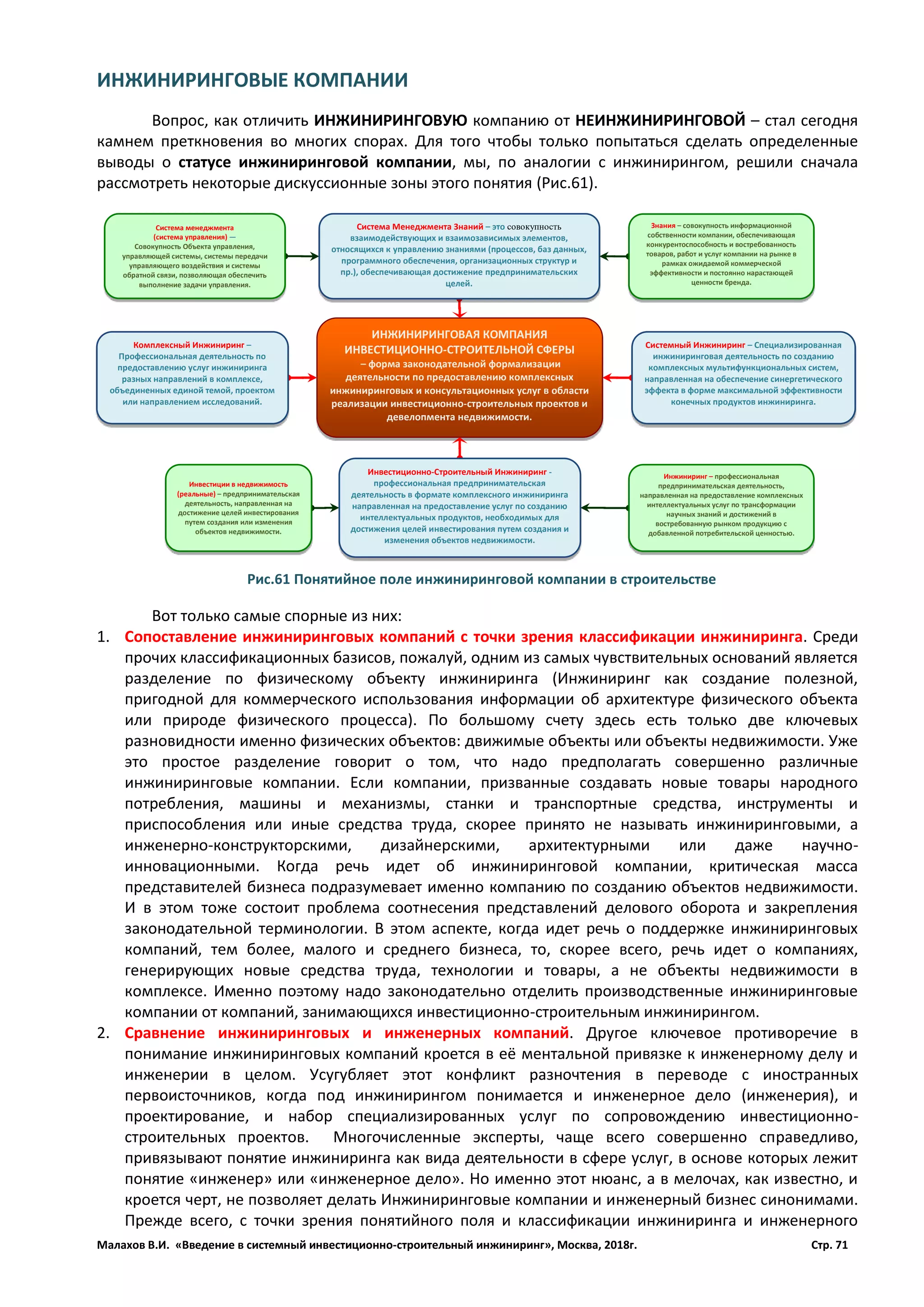 Малахов В.И. «Введение в системный инвестиционно-строительный инжиниринг», Москва, 2018г. Стр. 71
ИНЖИНИРИНГОВЫЕ КОМПАНИИ
Вопрос, как отличить ИНЖИНИРИНГОВУЮ компанию от НЕИНЖИНИРИНГОВОЙ – стал сегодня
камнем преткновения во многих спорах. Для того чтобы только попытаться сделать определенные
выводы о статусе инжиниринговой компании, мы, по аналогии с инжинирингом, решили сначала
рассмотреть некоторые дискуссионные зоны этого понятия (Рис.61).
Вот только самые спорные из них:
1. Сопоставление инжиниринговых компаний с точки зрения классификации инжиниринга. Среди
прочих классификационных базисов, пожалуй, одним из самых чувствительных оснований является
разделение по физическому объекту инжиниринга (Инжиниринг как создание полезной,
пригодной для коммерческого использования информации об архитектуре физического объекта
или природе физического процесса). По большому счету здесь есть только две ключевых
разновидности именно физических объектов: движимые объекты или объекты недвижимости. Уже
это простое разделение говорит о том, что надо предполагать совершенно различные
инжиниринговые компании. Если компании, призванные создавать новые товары народного
потребления, машины и механизмы, станки и транспортные средства, инструменты и
приспособления или иные средства труда, скорее принято не называть инжиниринговыми, а
инженерно-конструкторскими, дизайнерскими, архитектурными или даже научно-
инновационными. Когда речь идет об инжиниринговой компании, критическая масса
представителей бизнеса подразумевает именно компанию по созданию объектов недвижимости.
И в этом тоже состоит проблема соотнесения представлений делового оборота и закрепления
законодательной терминологии. В этом аспекте, когда идет речь о поддержке инжиниринговых
компаний, тем более, малого и среднего бизнеса, то, скорее всего, речь идет о компаниях,
генерирующих новые средства труда, технологии и товары, а не объекты недвижимости в
комплексе. Именно поэтому надо законодательно отделить производственные инжиниринговые
компании от компаний, занимающихся инвестиционно-строительным инжинирингом.
2. Сравнение инжиниринговых и инженерных компаний. Другое ключевое противоречие в
понимание инжиниринговых компаний кроется в её ментальной привязке к инженерному делу и
инженерии в целом. Усугубляет этот конфликт разночтения в переводе с иностранных
первоисточников, когда под инжинирингом понимается и инженерное дело (инженерия), и
проектирование, и набор специализированных услуг по сопровождению инвестиционно-
строительных проектов. Многочисленные эксперты, чаще всего совершенно справедливо,
привязывают понятие инжиниринга как вида деятельности в сфере услуг, в основе которых лежит
понятие «инженер» или «инженерное дело». Но именно этот нюанс, а в мелочах, как известно, и
кроется черт, не позволяет делать Инжиниринговые компании и инженерный бизнес синонимами.
Прежде всего, с точки зрения понятийного поля и классификации инжиниринга и инженерного
ИНЖИНИРИНГОВАЯ КОМПАНИЯ
ИНВЕСТИЦИОННО-СТРОИТЕЛЬНОЙ СФЕРЫ
– форма законодательной формализации
деятельности по предоставлению комплексных
инжиниринговых и консультационных услуг в области
реализации инвестиционно-строительных проектов и
девелопмента недвижимости.
Система Менеджмента Знаний – это совокупность
взаимодействующих и взаимозависимых элементов,
относящихся к управлению знаниями (процессов, баз данных,
программного обеспечения, организационных структур и
пр.), обеспечивающая достижение предпринимательских
целей.
Инжиниринг – профессиональная
предпринимательская деятельность,
направленная на предоставление комплексных
интеллектуальных услуг по трансформации
научных знаний и достижений в
востребованную рынком продукцию с
добавленной потребительской ценностью.
Комплексный Инжиниринг –
Профессиональная деятельность по
предоставлению услуг инжиниринга
разных направлений в комплексе,
объединенных единой темой, проектом
или направлением исследований.
Системный Инжиниринг – Специализированная
инжиниринговая деятельность по созданию
комплексных мультифункциональных систем,
направленная на обеспечение синергетического
эффекта в форме максимальной эффективности
конечных продуктов инжиниринга.
Инвестиционно-Строительный Инжиниринг -
профессиональная предпринимательская
деятельность в формате комплексного инжиниринга
направленная на предоставление услуг по созданию
интеллектуальных продуктов, необходимых для
достижения целей инвестирования путем создания и
изменения объектов недвижимости.
Знания – совокупность информационной
собственности компании, обеспечивающая
конкурентоспособность и востребованность
товаров, работ и услуг компании на рынке в
рамках ожидаемой коммерческой
эффективности и постоянно нарастающей
ценности бренда.
Инвестиции в недвижимость
(реальные) – предпринимательская
деятельность, направленная на
достижение целей инвестирования
путем создания или изменения
объектов недвижимости.
Система менеджмента
(система управления) —
Совокупность Объекта управления,
управляющей системы, системы передачи
управляющего воздействия и системы
обратной связи, позволяющая обеспечить
выполнение задачи управления.
Рис.61 Понятийное поле инжиниринговой компании в строительстве
 