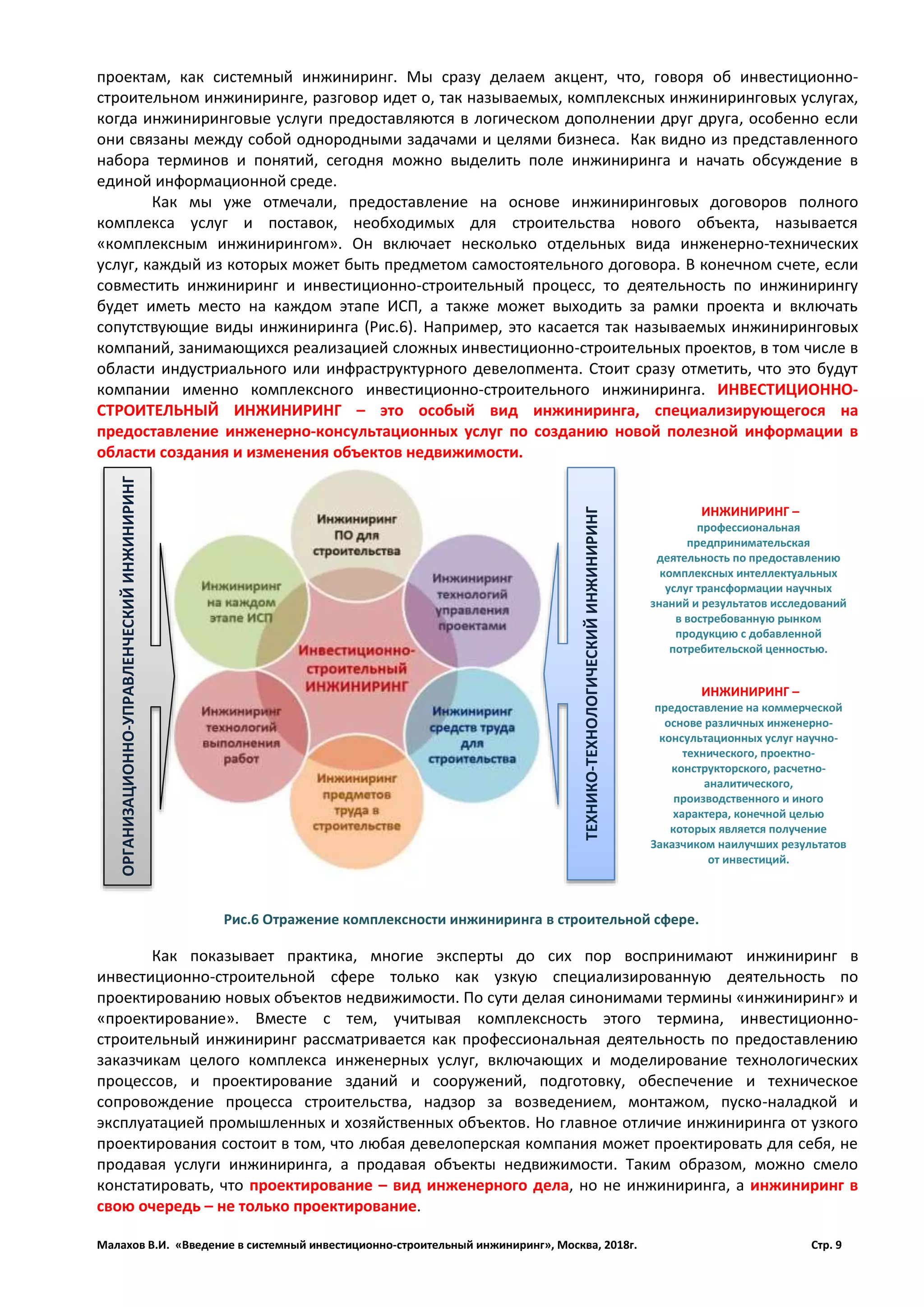 Малахов В.И. «Введение в системный инвестиционно-строительный инжиниринг», Москва, 2018г. Стр. 9
проектам, как системный инжиниринг. Мы сразу делаем акцент, что, говоря об инвестиционно-
строительном инжиниринге, разговор идет о, так называемых, комплексных инжиниринговых услугах,
когда инжиниринговые услуги предоставляются в логическом дополнении друг друга, особенно если
они связаны между собой однородными задачами и целями бизнеса. Как видно из представленного
набора терминов и понятий, сегодня можно выделить поле инжиниринга и начать обсуждение в
единой информационной среде.
Как мы уже отмечали, предоставление на основе инжиниринговых договоров полного
комплекса услуг и поставок, необходимых для строительства нового объекта, называется
«комплексным инжинирингом». Он включает несколько отдельных вида инженерно-технических
услуг, каждый из которых может быть предметом самостоятельного договора. В конечном счете, если
совместить инжиниринг и инвестиционно-строительный процесс, то деятельность по инжинирингу
будет иметь место на каждом этапе ИСП, а также может выходить за рамки проекта и включать
сопутствующие виды инжиниринга (Рис.6). Например, это касается так называемых инжиниринговых
компаний, занимающихся реализацией сложных инвестиционно-строительных проектов, в том числе в
области индустриального или инфраструктурного девелопмента. Стоит сразу отметить, что это будут
компании именно комплексного инвестиционно-строительного инжиниринга. ИНВЕСТИЦИОННО-
СТРОИТЕЛЬНЫЙ ИНЖИНИРИНГ – это особый вид инжиниринга, специализирующегося на
предоставление инженерно-консультационных услуг по созданию новой полезной информации в
области создания и изменения объектов недвижимости.
Как показывает практика, многие эксперты до сих пор воспринимают инжиниринг в
инвестиционно-строительной сфере только как узкую специализированную деятельность по
проектированию новых объектов недвижимости. По сути делая синонимами термины «инжиниринг» и
«проектирование». Вместе с тем, учитывая комплексность этого термина, инвестиционно-
строительный инжиниринг рассматривается как профессиональная деятельность по предоставлению
заказчикам целого комплекса инженерных услуг, включающих и моделирование технологических
процессов, и проектирование зданий и сооружений, подготовку, обеспечение и техническое
сопровождение процесса строительства, надзор за возведением, монтажом, пуско-наладкой и
эксплуатацией промышленных и хозяйственных объектов. Но главное отличие инжиниринга от узкого
проектирования состоит в том, что любая девелоперская компания может проектировать для себя, не
продавая услуги инжиниринга, а продавая объекты недвижимости. Таким образом, можно смело
констатировать, что проектирование – вид инженерного дела, но не инжиниринга, а инжиниринг в
свою очередь – не только проектирование.
Рис.6 Отражение комплексности инжиниринга в строительной сфере.
ОРГАНИЗАЦИОННО-УПРАВЛЕНЧЕСКИЙИНЖИНИРИНГ
ТЕХНИКО-ТЕХНОЛОГИЧЕСКИЙИНЖИНИРИНГ
ИНЖИНИРИНГ –
профессиональная
предпринимательская
деятельность по предоставлению
комплексных интеллектуальных
услуг трансформации научных
знаний и результатов исследований
в востребованную рынком
продукцию с добавленной
потребительской ценностью.
ИНЖИНИРИНГ –
предоставление на коммерческой
основе различных инженерно-
консультационных услуг научно-
технического, проектно-
конструкторского, расчетно-
аналитического,
производственного и иного
характера, конечной целью
которых является получение
Заказчиком наилучших результатов
от инвестиций.
 