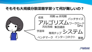 そもそも大規模分散深層学習って何が難しいの？
汎化性能
収束
システム
アルゴリズム
インターコネクト
集団通信
専用チップ
GPU
障害
同期 vs 非同期
ベンチマーク
学習率
バッチサイズ
ワークロード
 