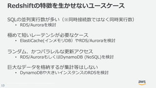 © 2017, Amazon Web Services, Inc. or its Affiliates. All rights reserved.
13
Redshiftの特徴を生かせないユースケース
SQLの並列実行数が多い（※同時接続数ではなく同時実行数）
• RDS/Auroraを検討
極めて短いレーテンシが必要なケース
• ElastiCache(インメモリDB）やRDS/Auroraを検討
ランダム、かつパラレルな更新アクセス
• RDS/AuroraもしくはDynamoDB (NoSQL)を検討
巨大なデータを格納するが集計等はしない
• DynamoDBや大きいインスタンスのRDSを検討
 